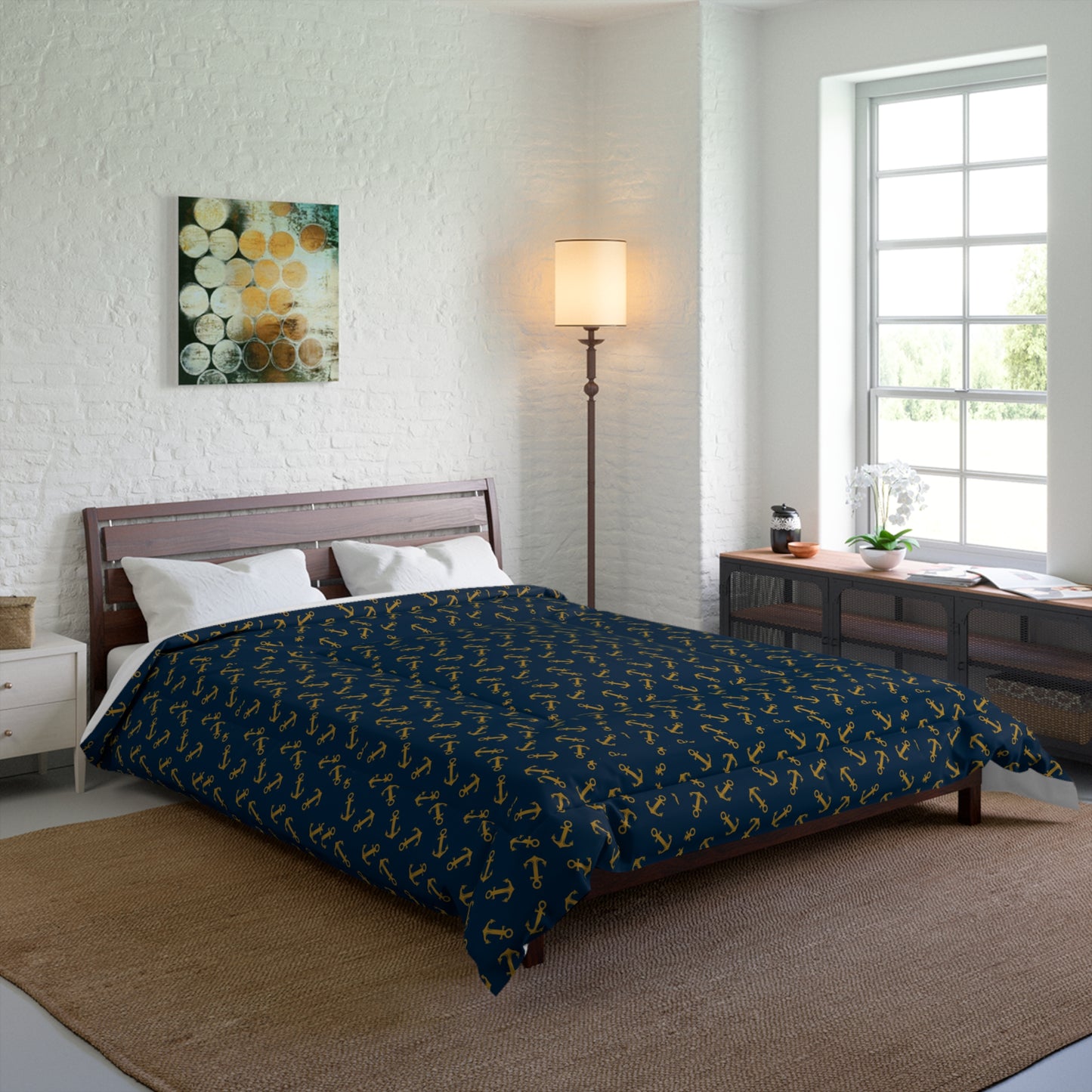 Navy & Gold Anchor Comforter — Nautical Anchor Pattern Bedspread