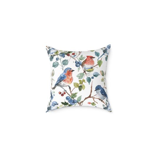 Bird Watercolor Pillow — Blue & Coral Songbirds on Branch Decorative Throw Pillow