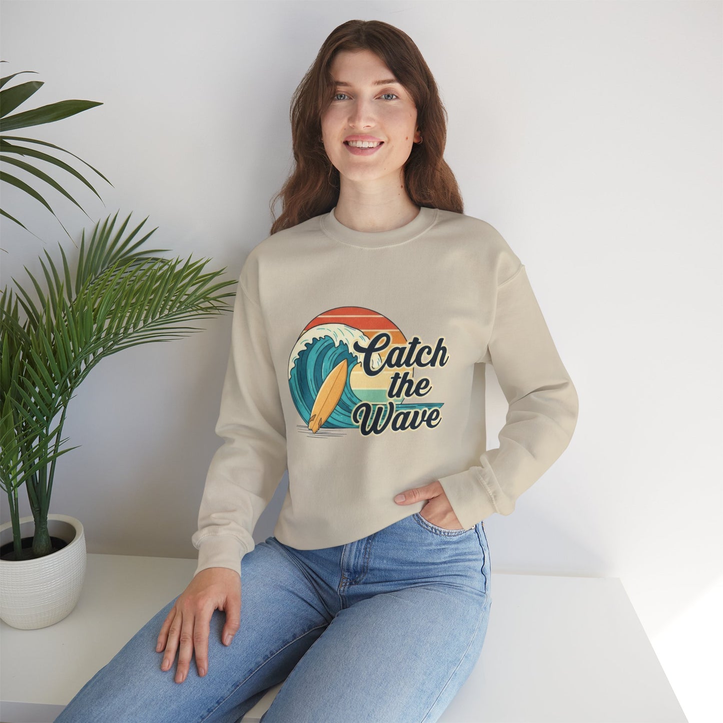 Catch the Wave Crewneck Sweatshirt — Retro Surf Graphic Pullover