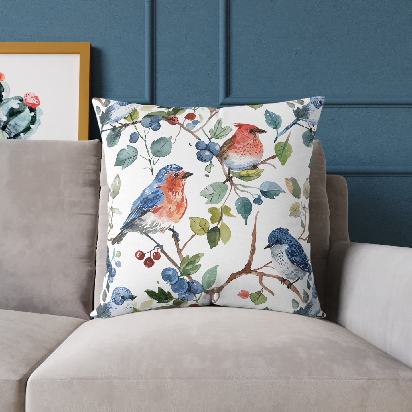 Bird Watercolor Pillow — Blue & Coral Songbirds on Branch Decorative Throw Pillow