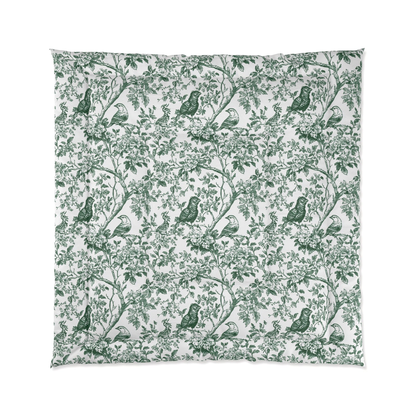 Botanical Bird Comforter - Green Toile Floral Pattern
