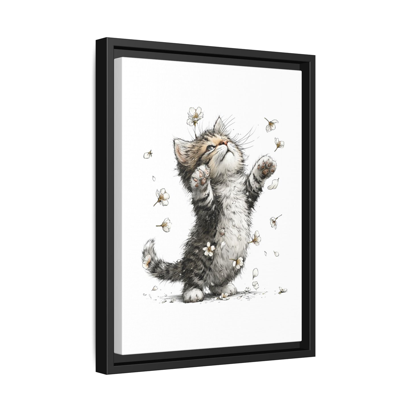 Playful Kitten with Dandelions Matte Canvas Framed Wall Art | Nursery Bedroom Decor
