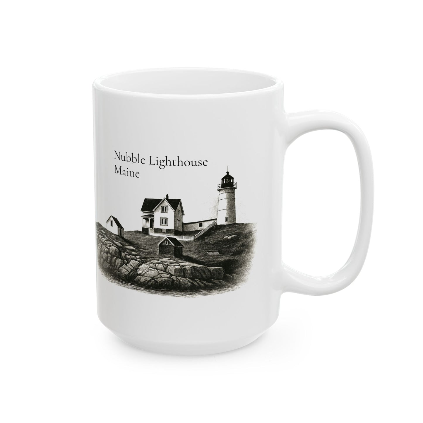Nubble Lighthouse Maine Illustration Ceramic Mug — 11oz & 15oz Coffee Cup