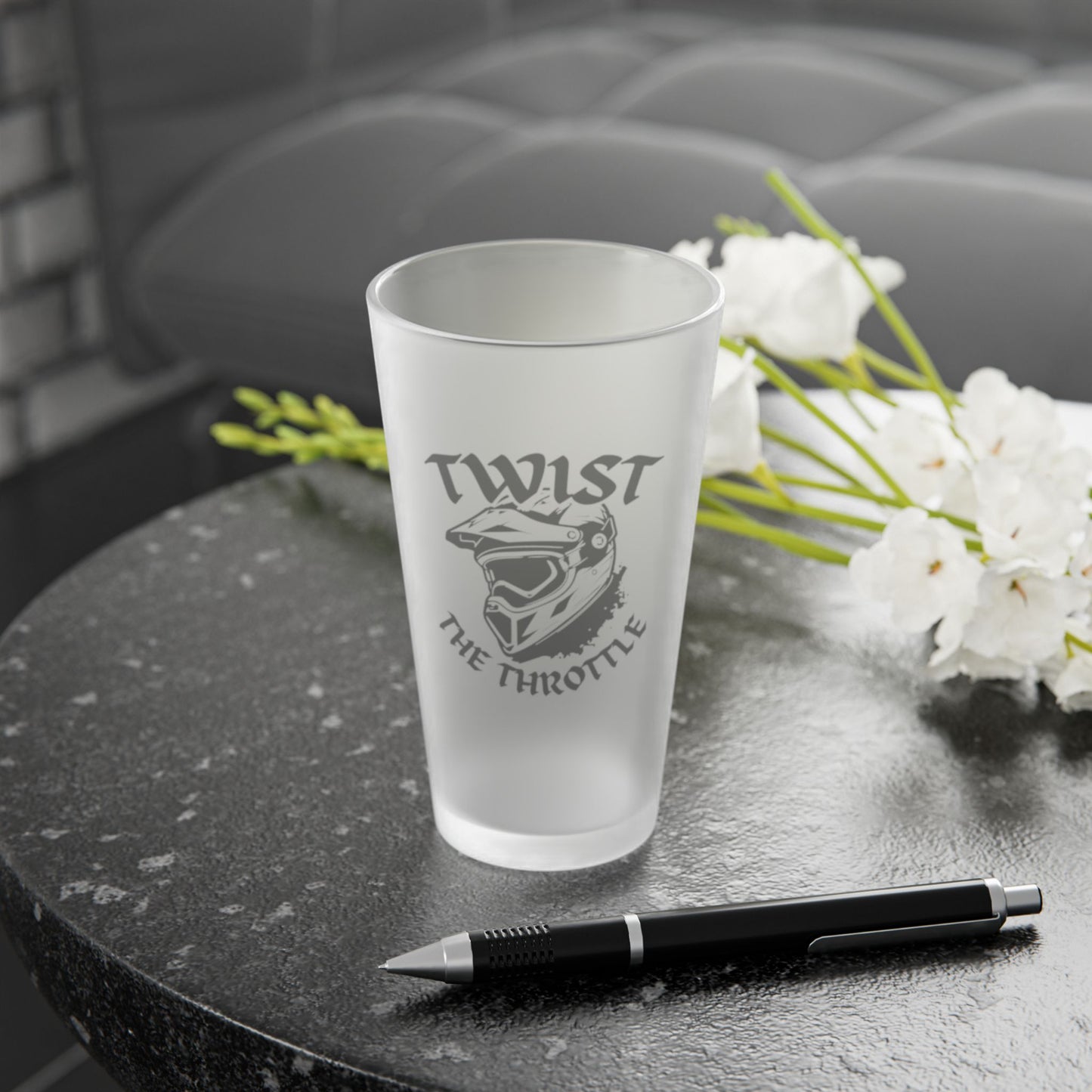 Twist The Throttle Frosted Pint Glass - 16oz Motorcycle Helmet Beer Glass