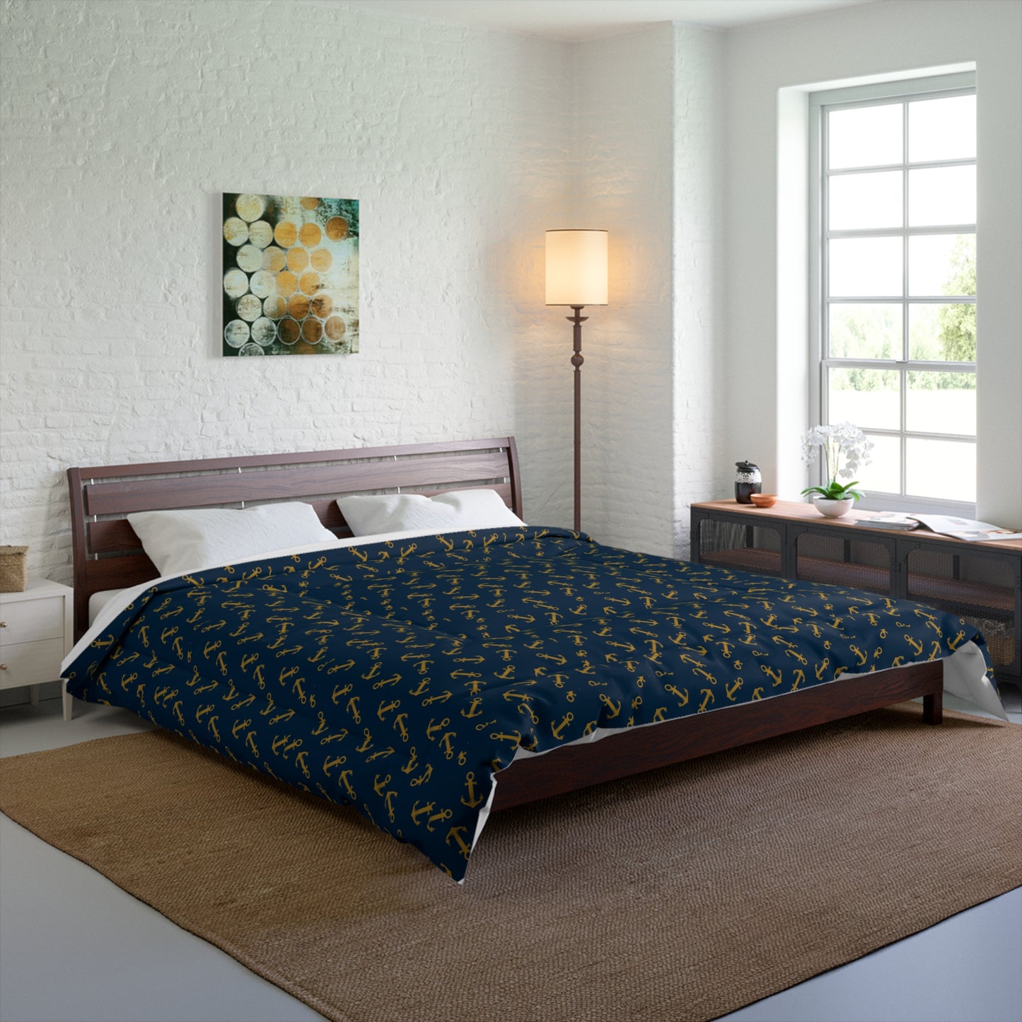 Navy & Gold Anchor Comforter — Nautical Anchor Pattern Bedspread