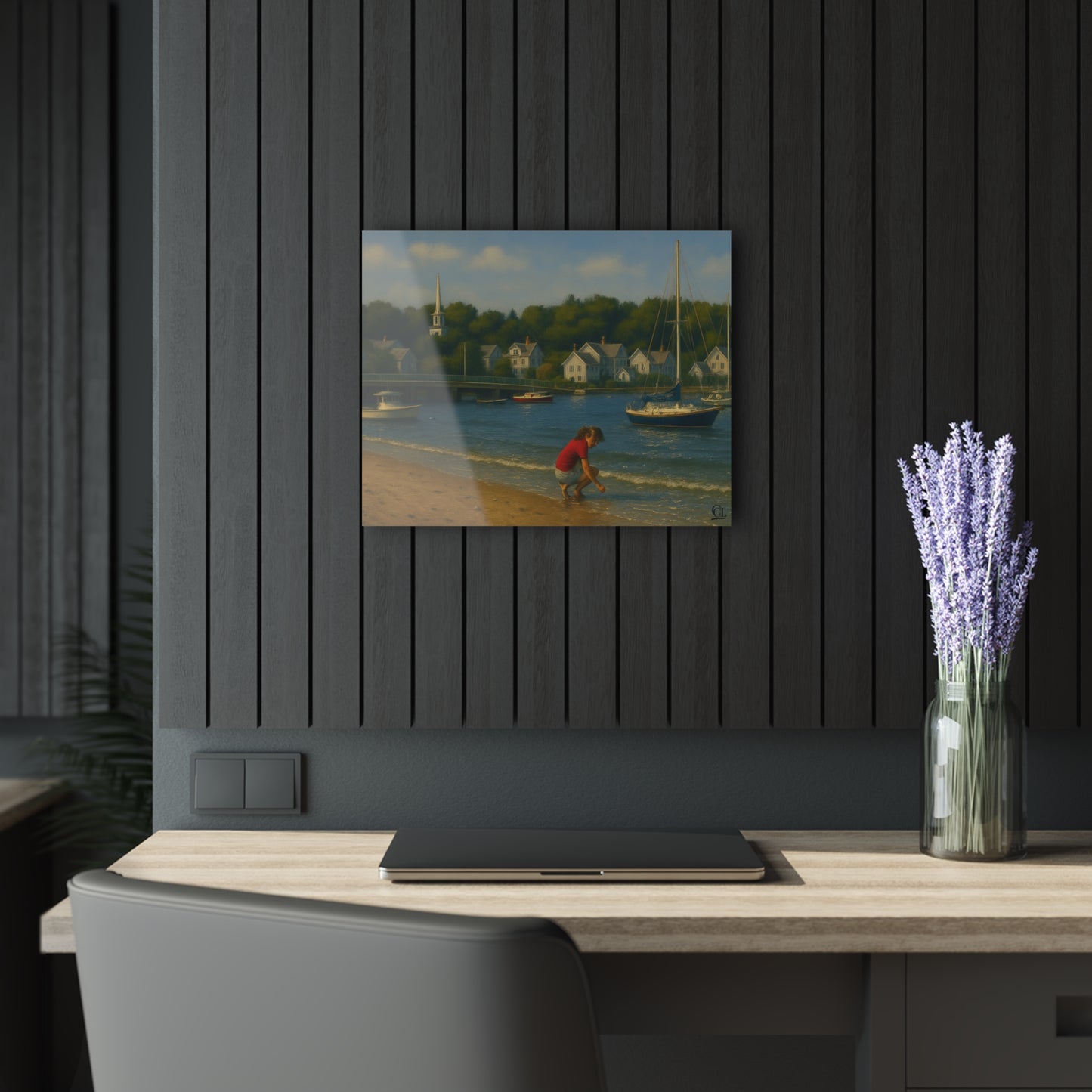 Padanaram Harbor Acrylic Print — Sunlit Beach & Sailboats (French Cleat Hanging)