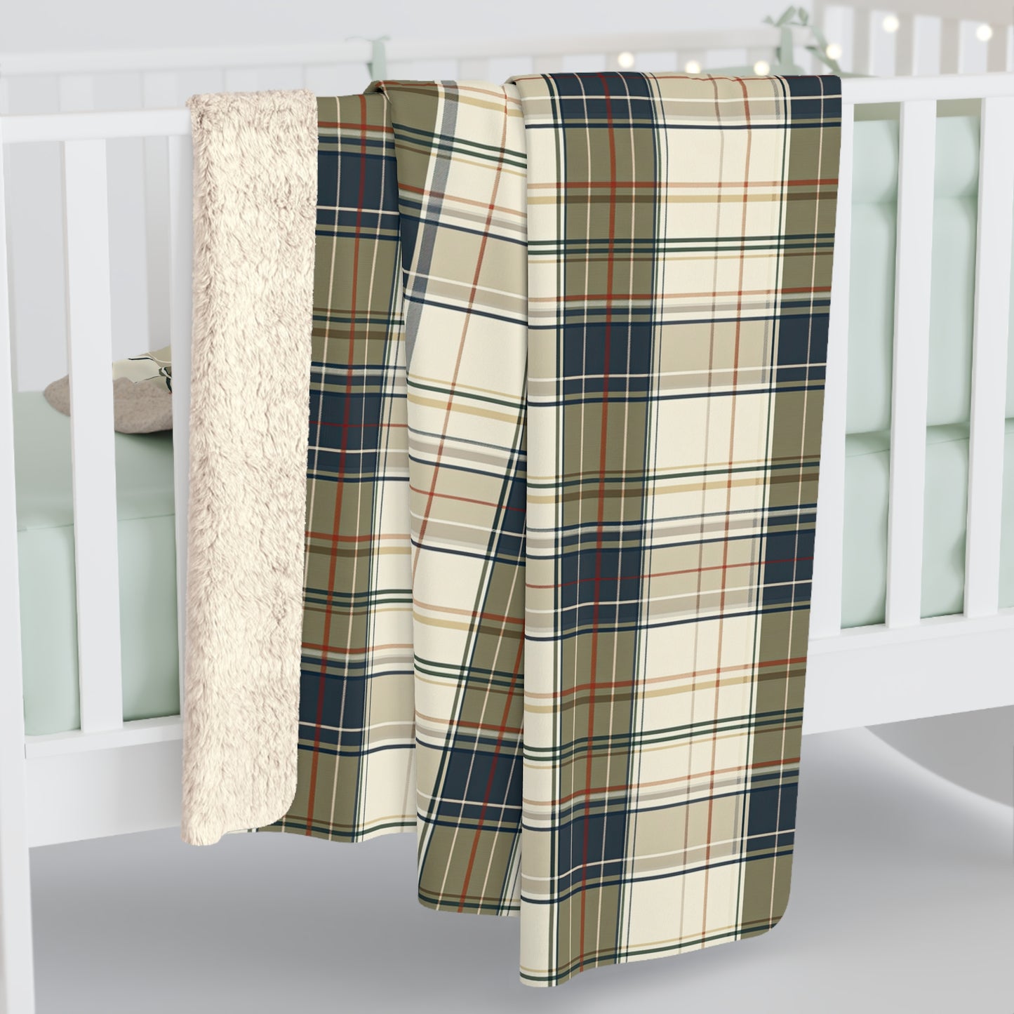 Cozy Plaid Sherpa Blanket – Cream, Navy & Olive Fleece Throw