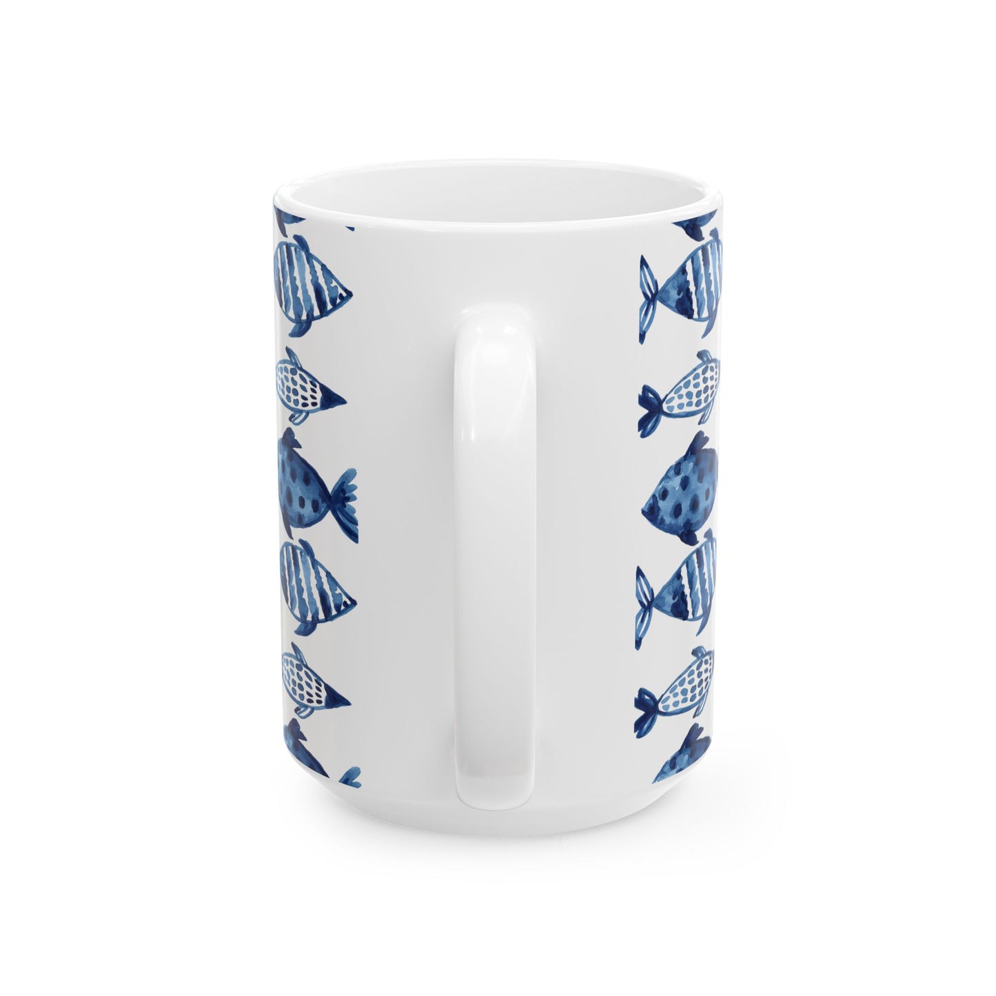 Blue Watercolor Fish Ceramic Mug — Nautical Ocean Pattern Coffee Cup (11oz, 15oz)