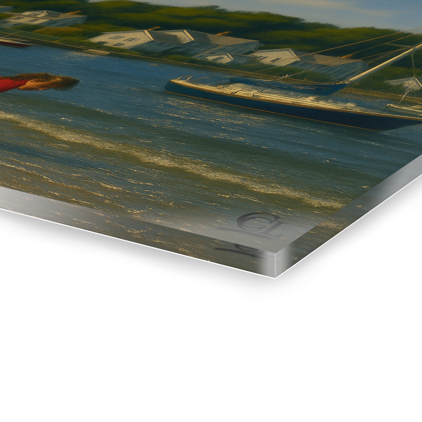 Padanaram Harbor Acrylic Print — Sunlit Beach & Sailboats (French Cleat Hanging)