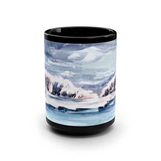 15oz Black Mug — Wintery Cozy Scene