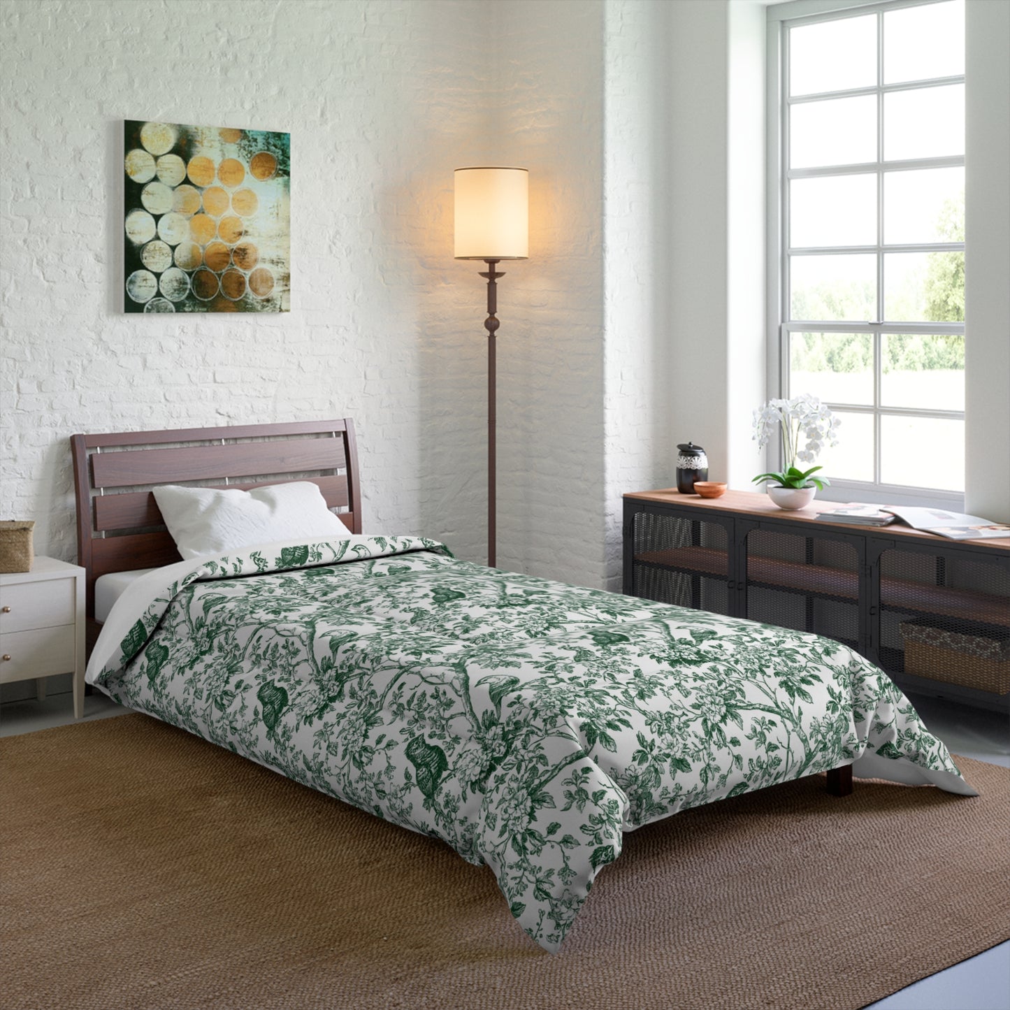 Botanical Bird Comforter - Green Toile Floral Pattern
