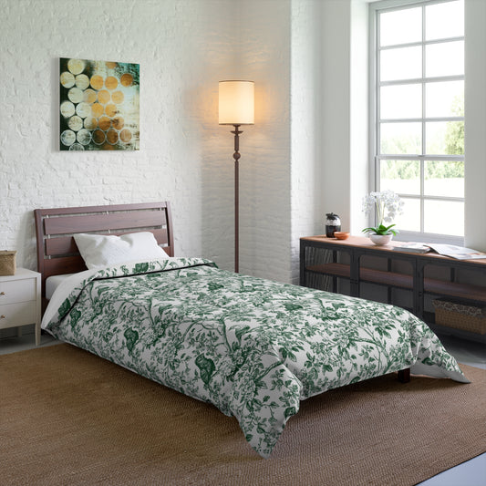 Botanical Bird Comforter - Green Toile Floral Pattern