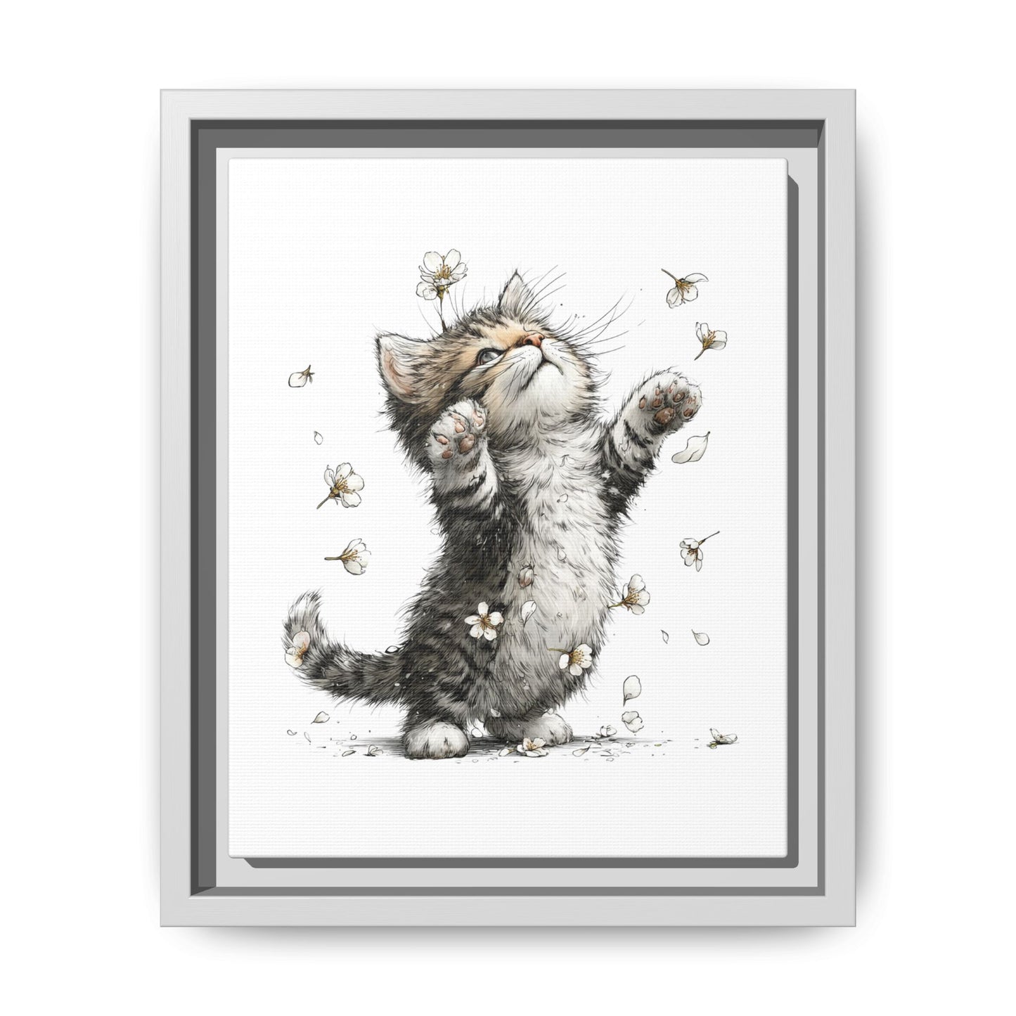 Playful Kitten with Dandelions Matte Canvas Framed Wall Art | Nursery Bedroom Decor