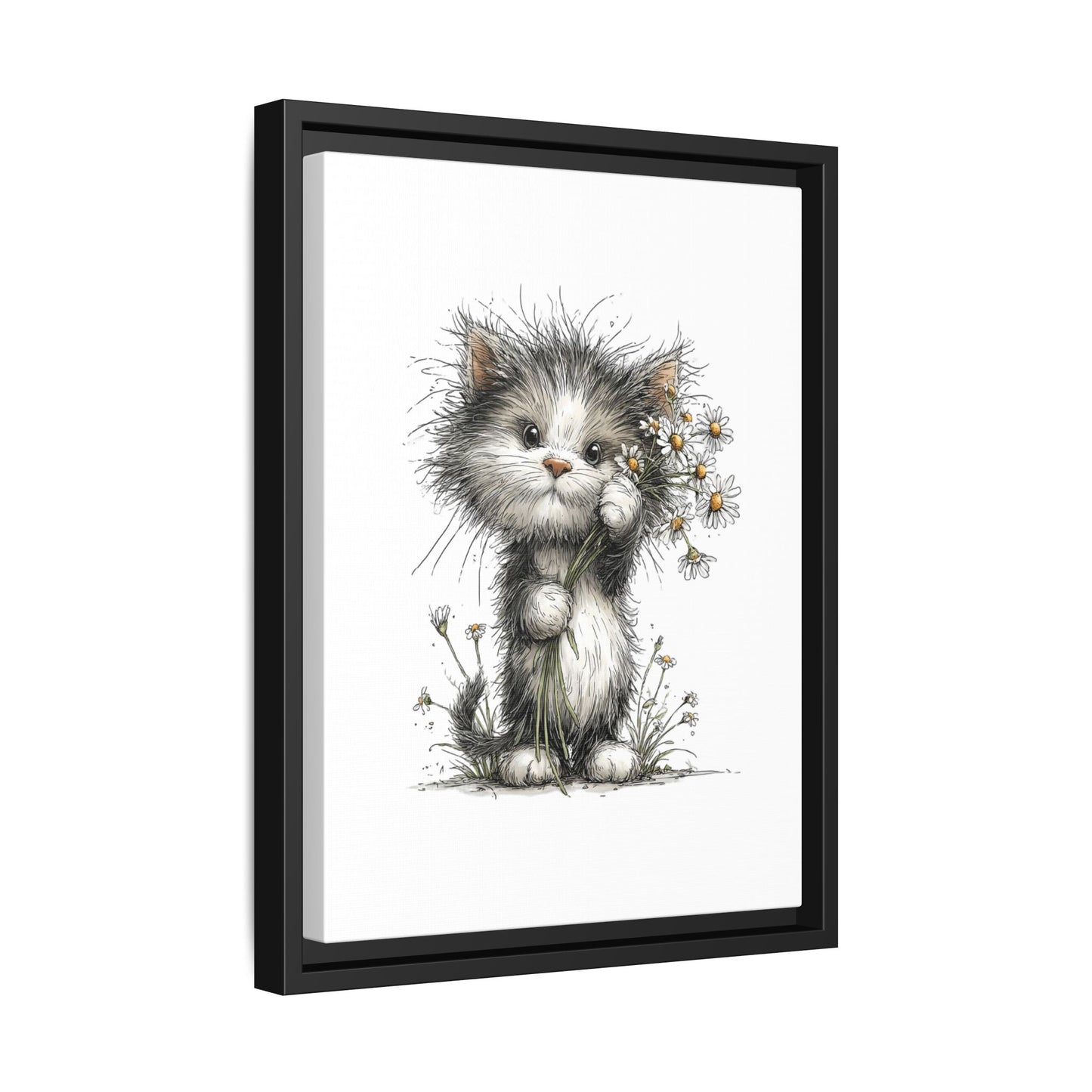 Playful Kitten with Dandelions Matte Canvas Framed Wall Art | Nursery Bedroom Decor