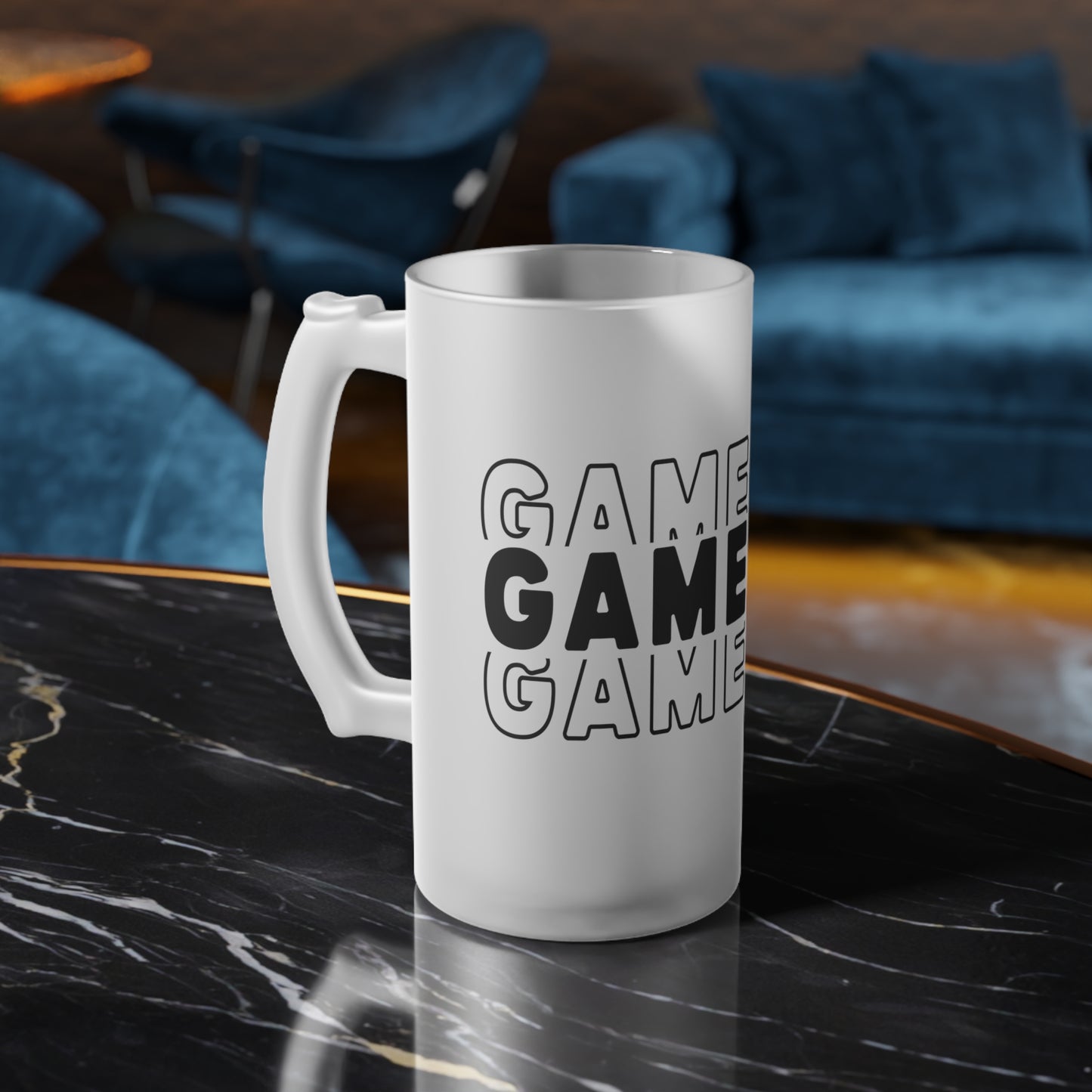 Game Day Frosted Glass Beer Mug — Bold Repeating “GAME DAY” Tailgate Pint