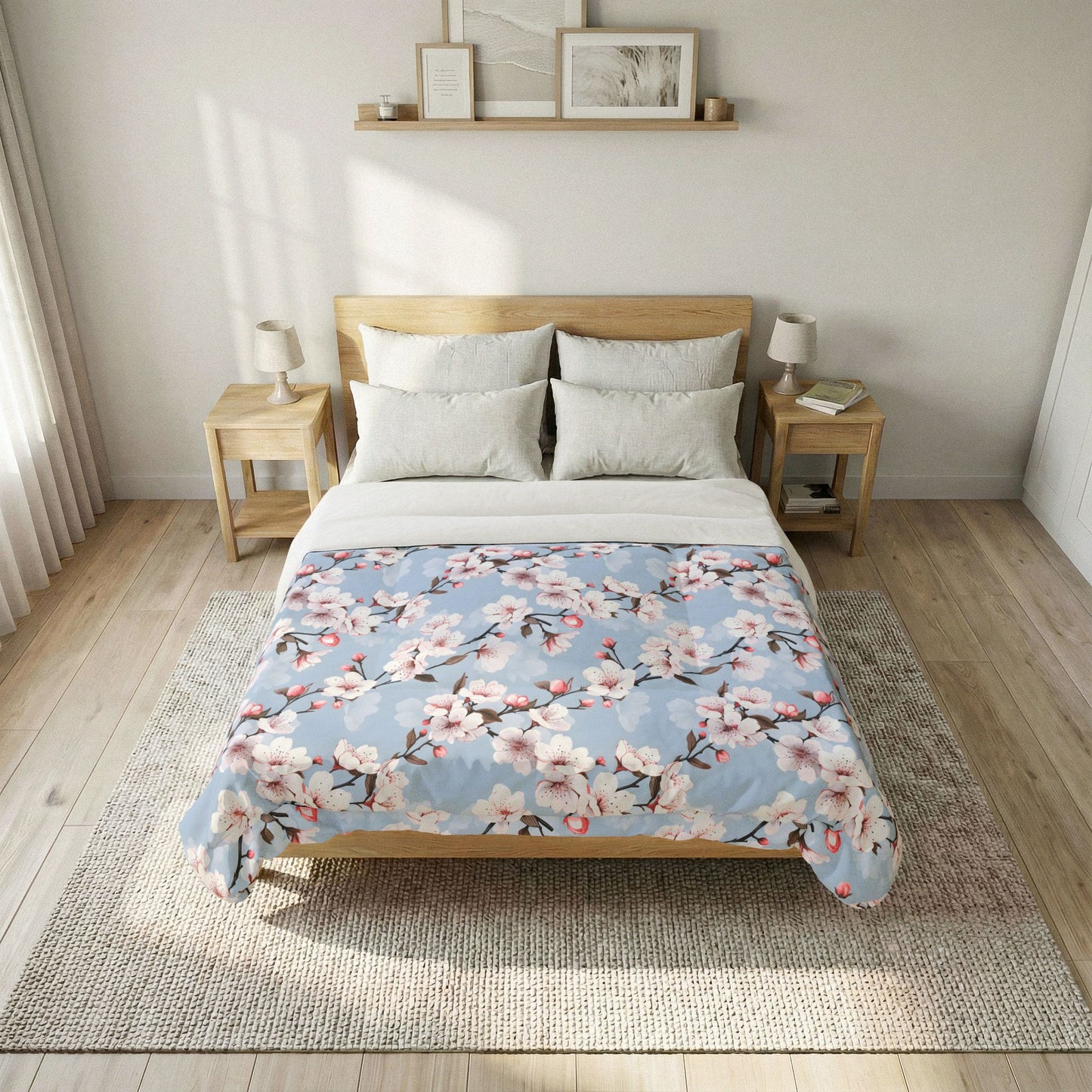 Cherry Blossom Cotton Comforter — Floral Blue Bedspread