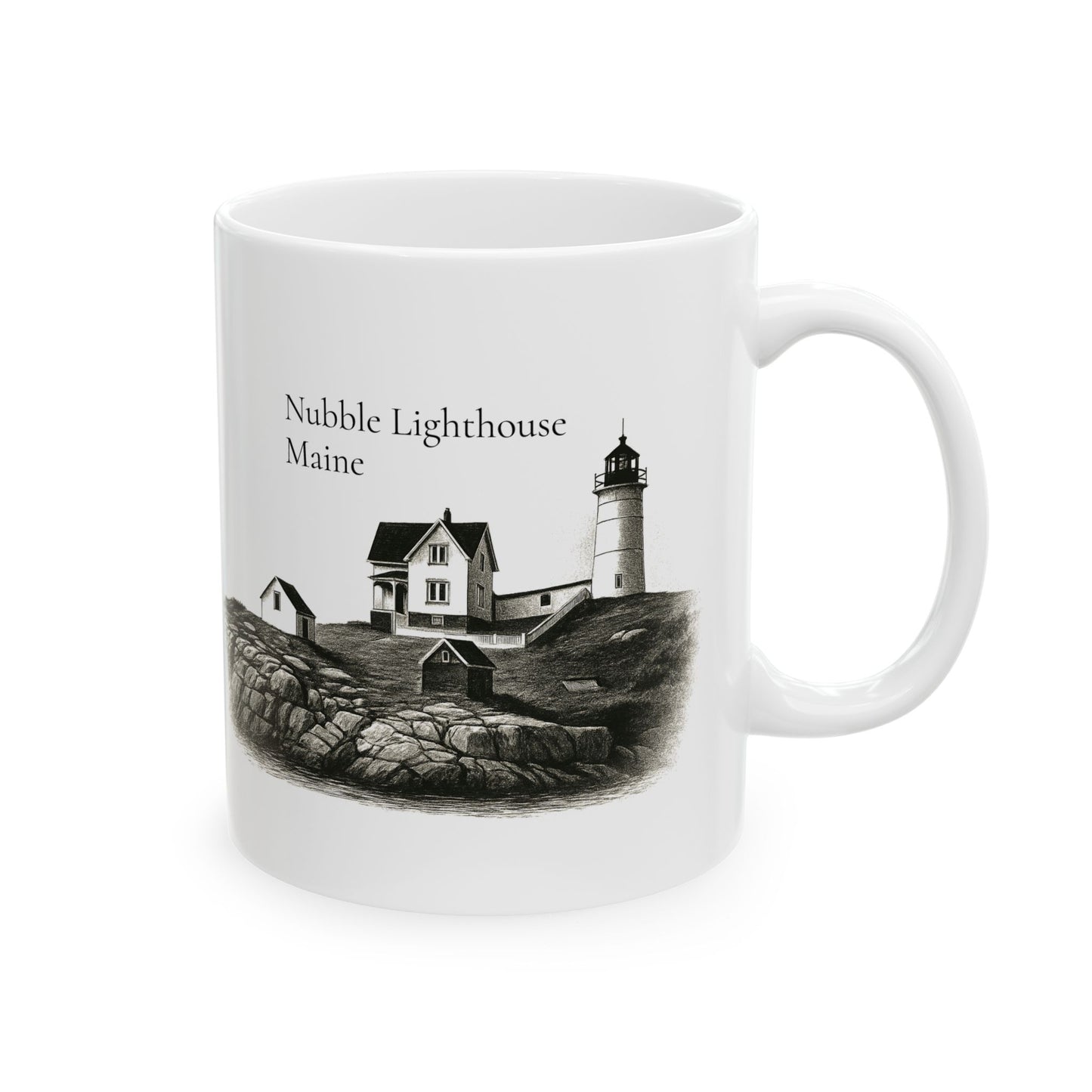 Nubble Lighthouse Maine Illustration Ceramic Mug — 11oz & 15oz Coffee Cup