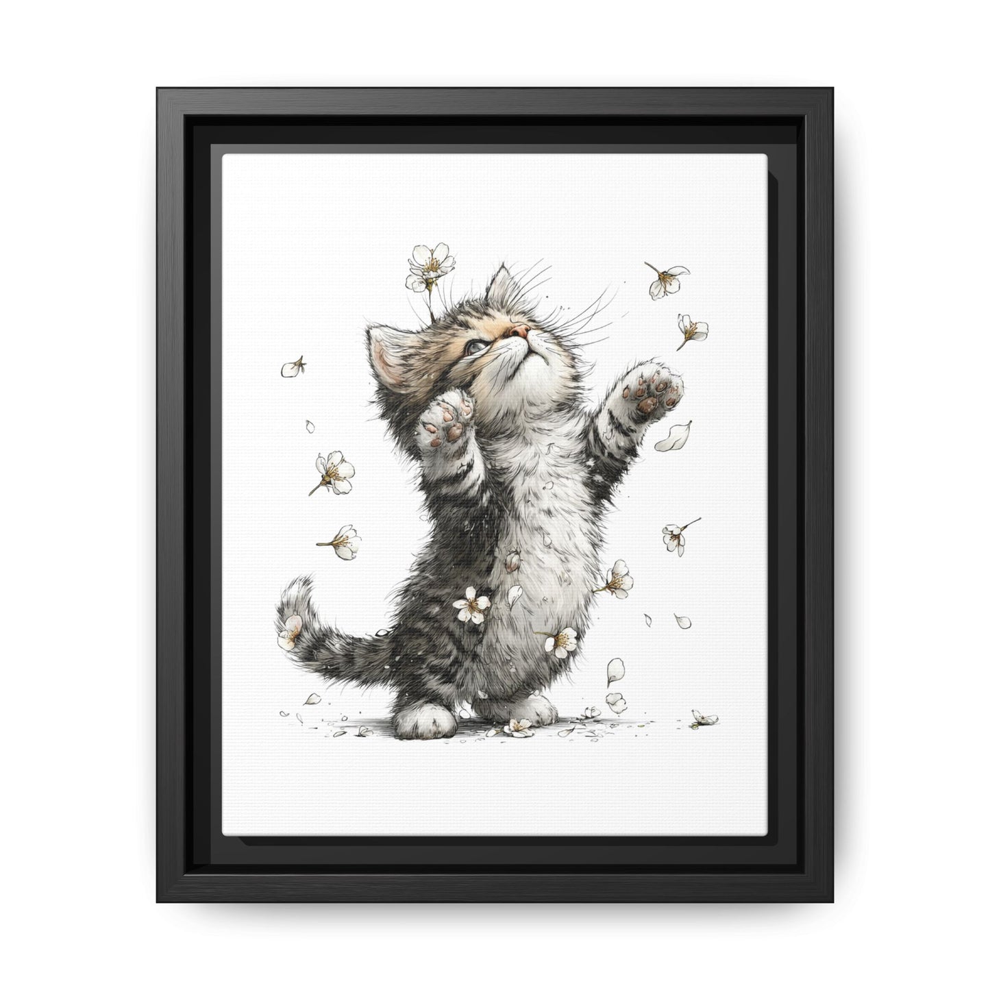 Playful Kitten with Dandelions Matte Canvas Framed Wall Art | Nursery Bedroom Decor