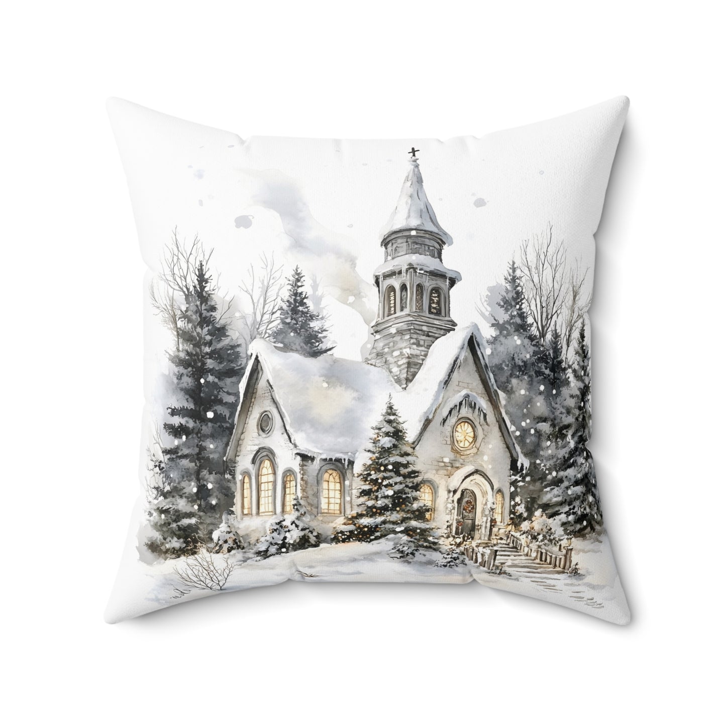 Winter Church Scene Spun Polyester Square Pillow — Cozy Holiday Throw Pillow