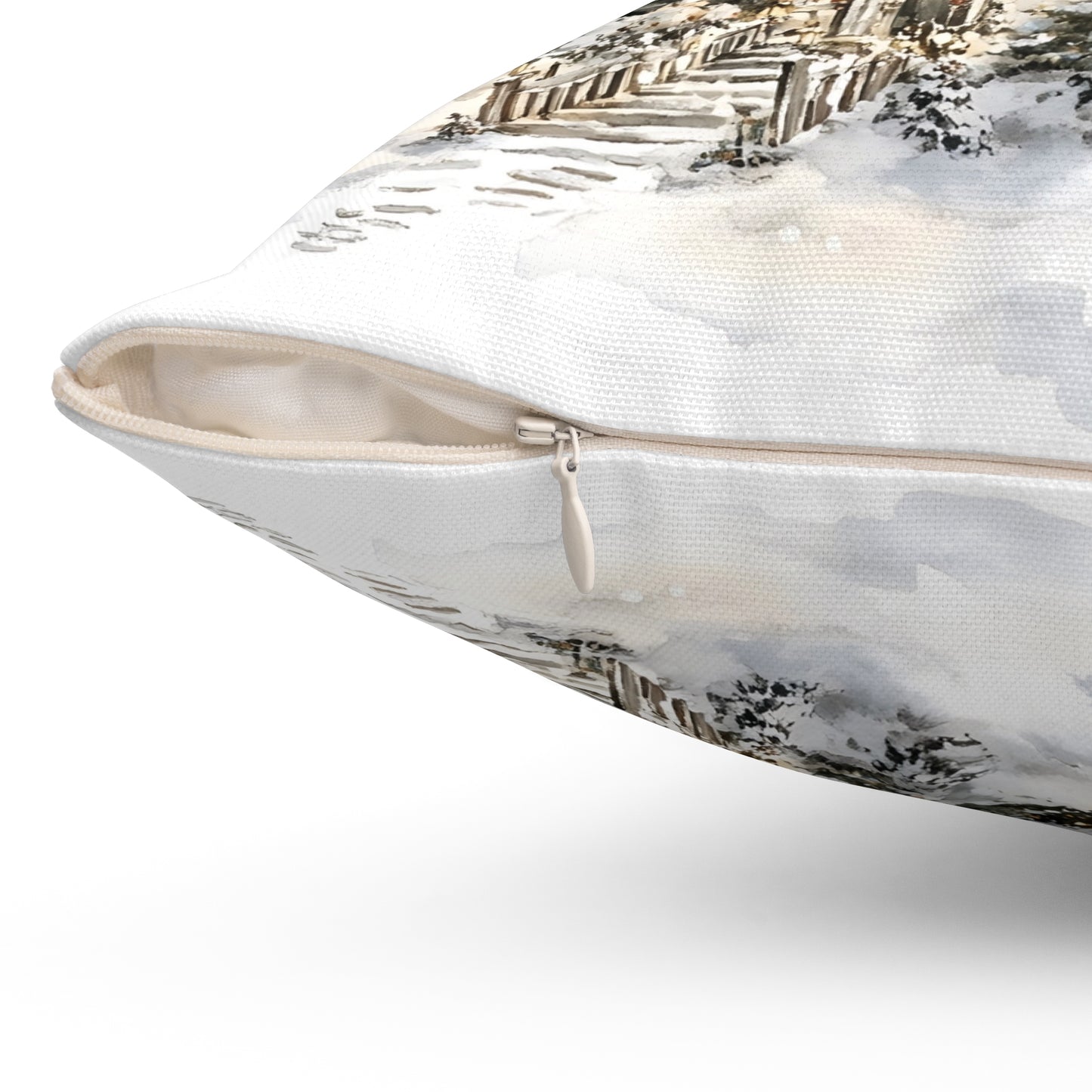 Winter Church Scene Spun Polyester Square Pillow — Cozy Holiday Throw Pillow