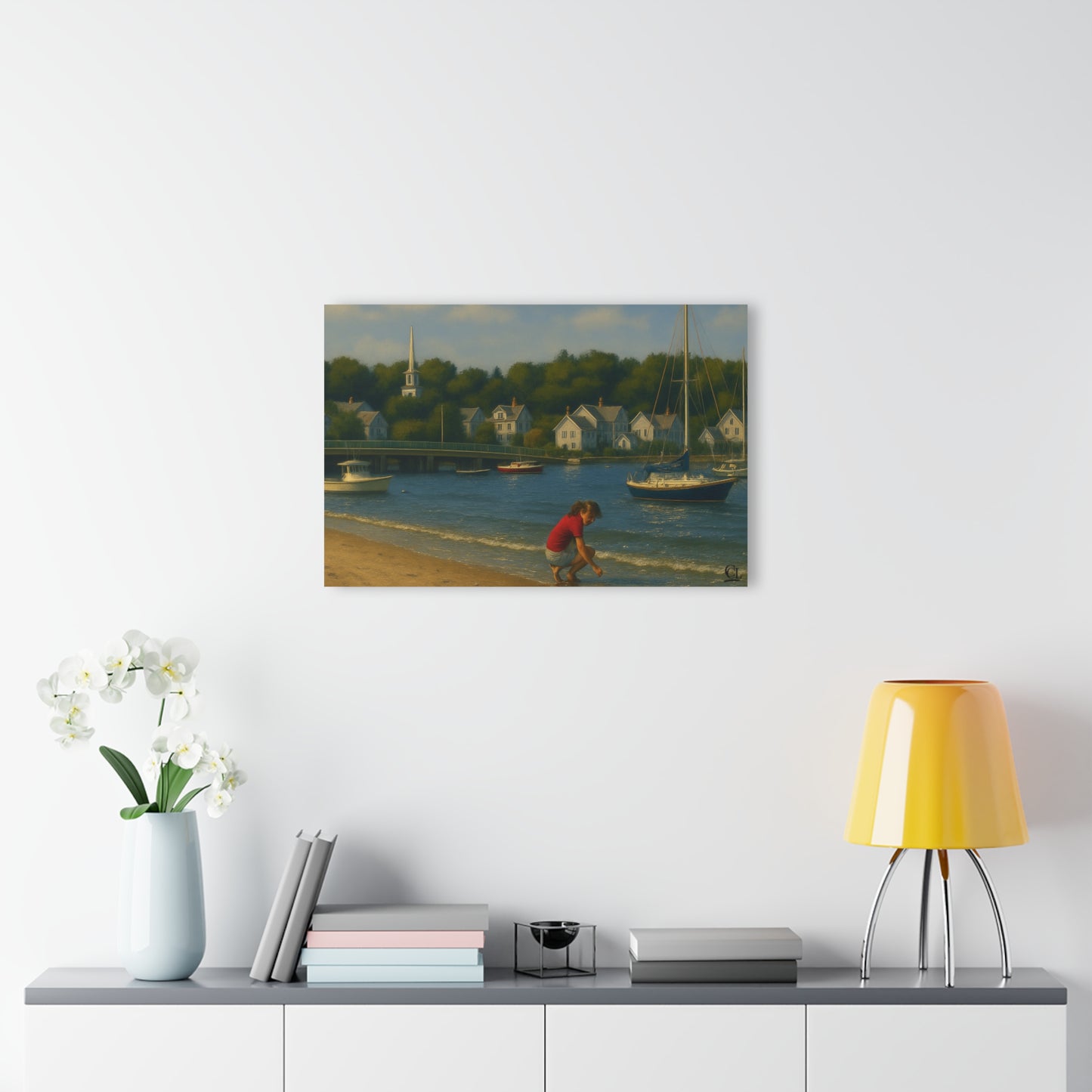 Padanaram Harbor Acrylic Print — Sunlit Beach & Sailboats (French Cleat Hanging)