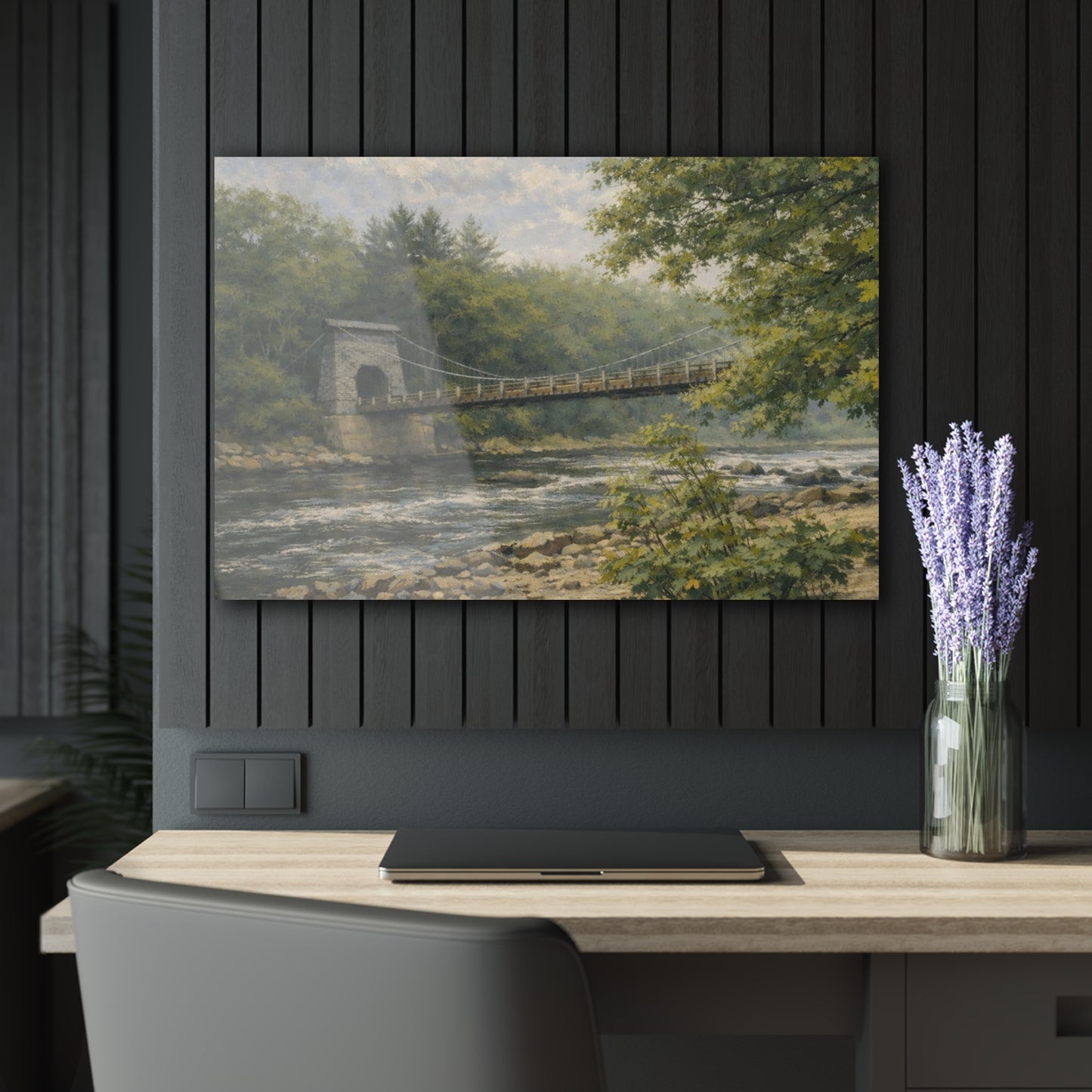 Misty Wire Bridge Acrylic Wall Art — New Portland Landscape (French Cleat Hanging)