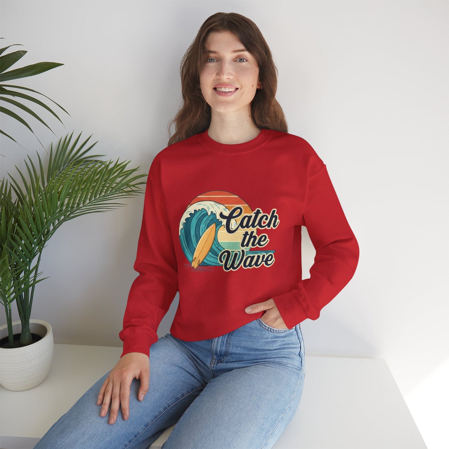 Catch the Wave Crewneck Sweatshirt — Retro Surf Graphic Pullover