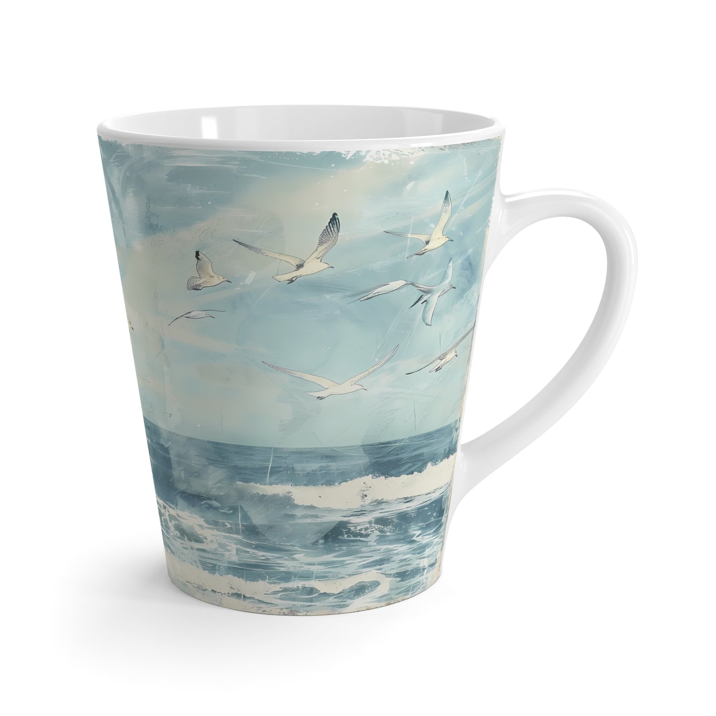Seagulls Over Ocean Latte Mug | Coastal Waves Beach Scene, Blue Sky drinking cup