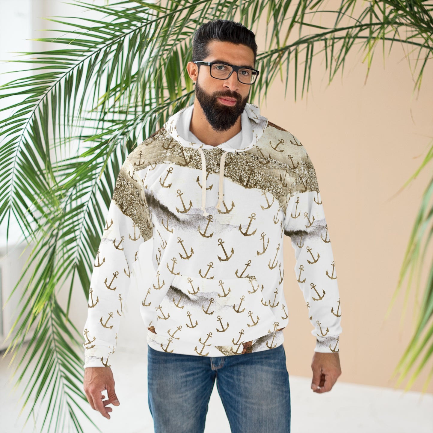 Anchor Pattern Hoodie — Vintage Nautical All-Over Print Pullover