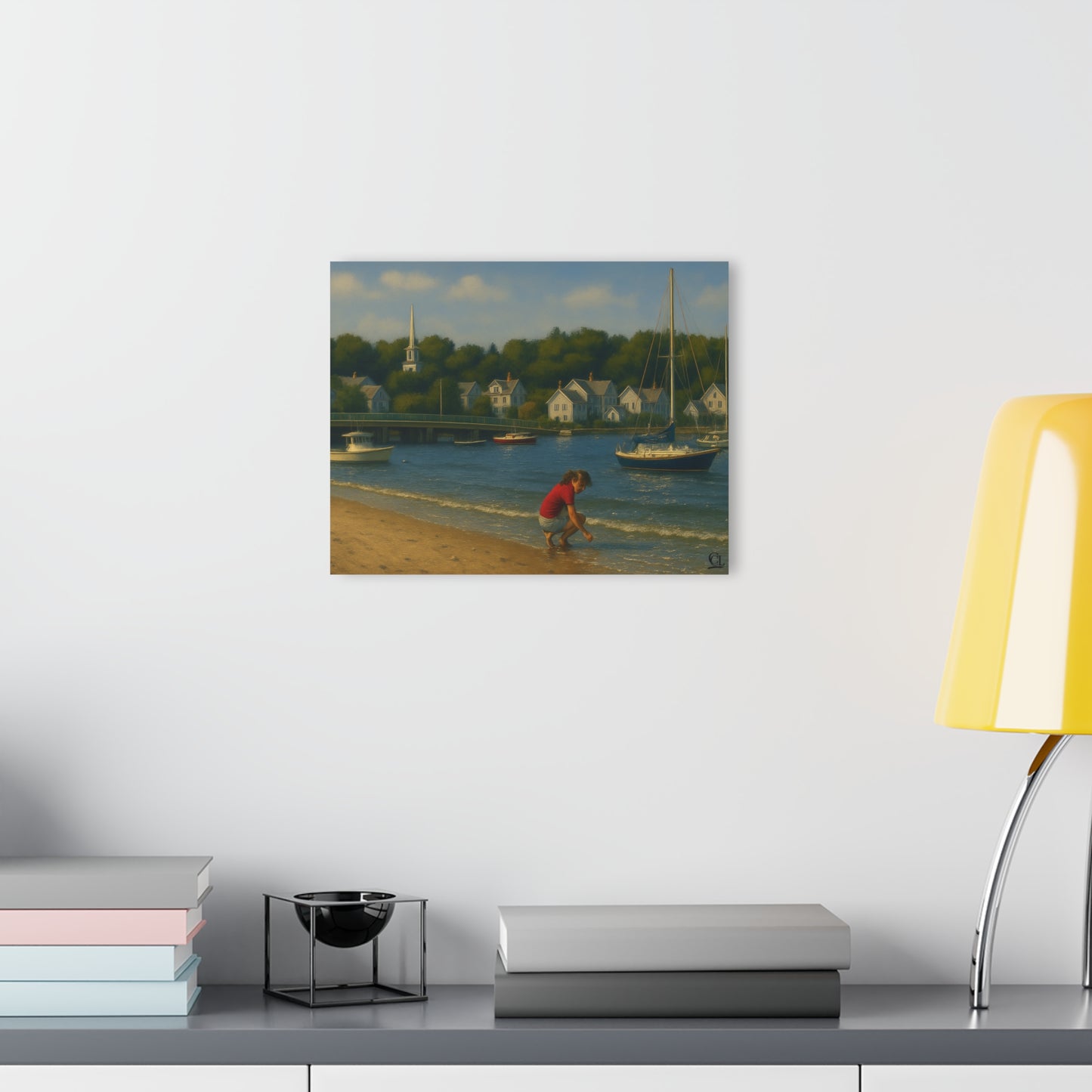 Padanaram Harbor Acrylic Print — Sunlit Beach & Sailboats (French Cleat Hanging)