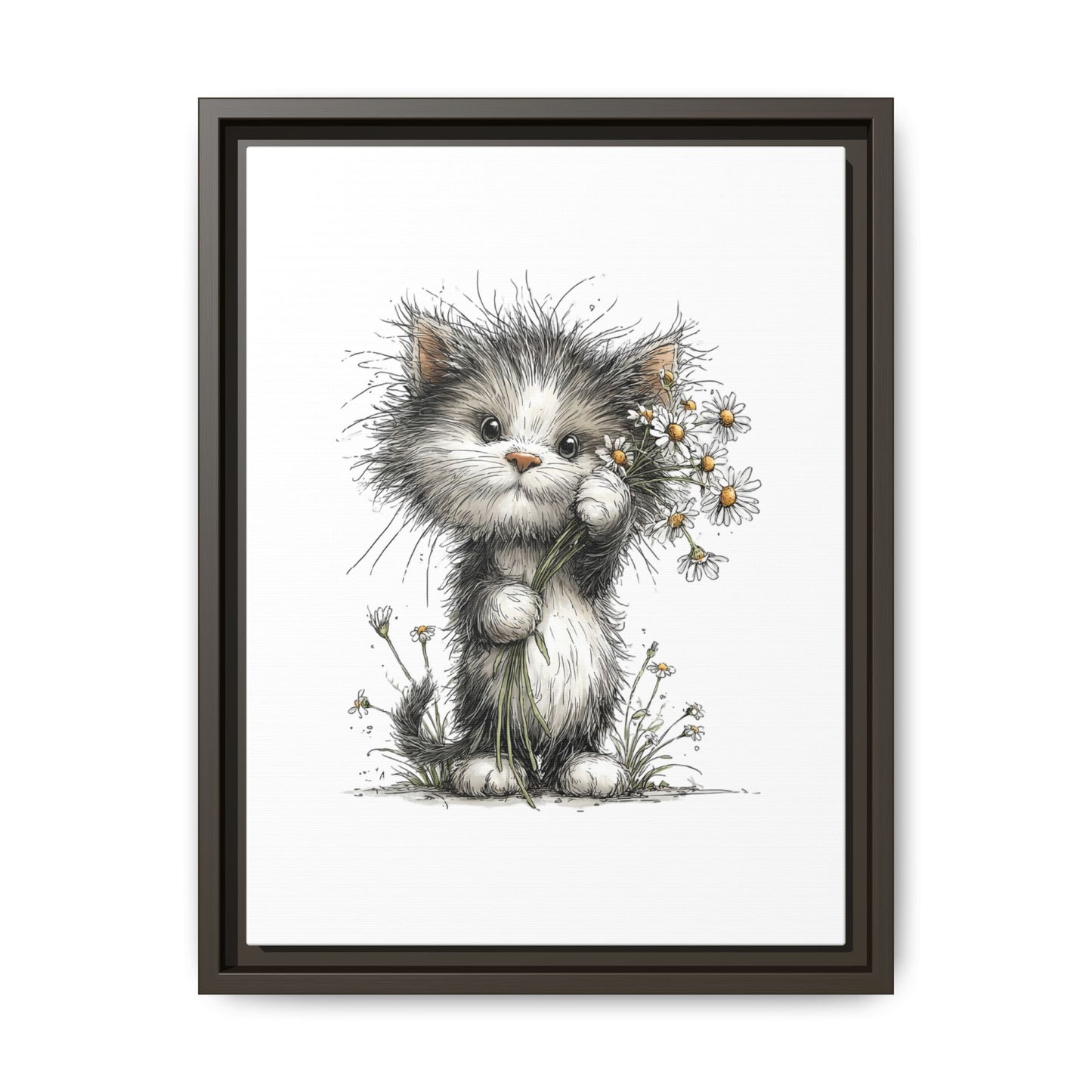 Playful Kitten with Dandelions Matte Canvas Framed Wall Art | Nursery Bedroom Decor