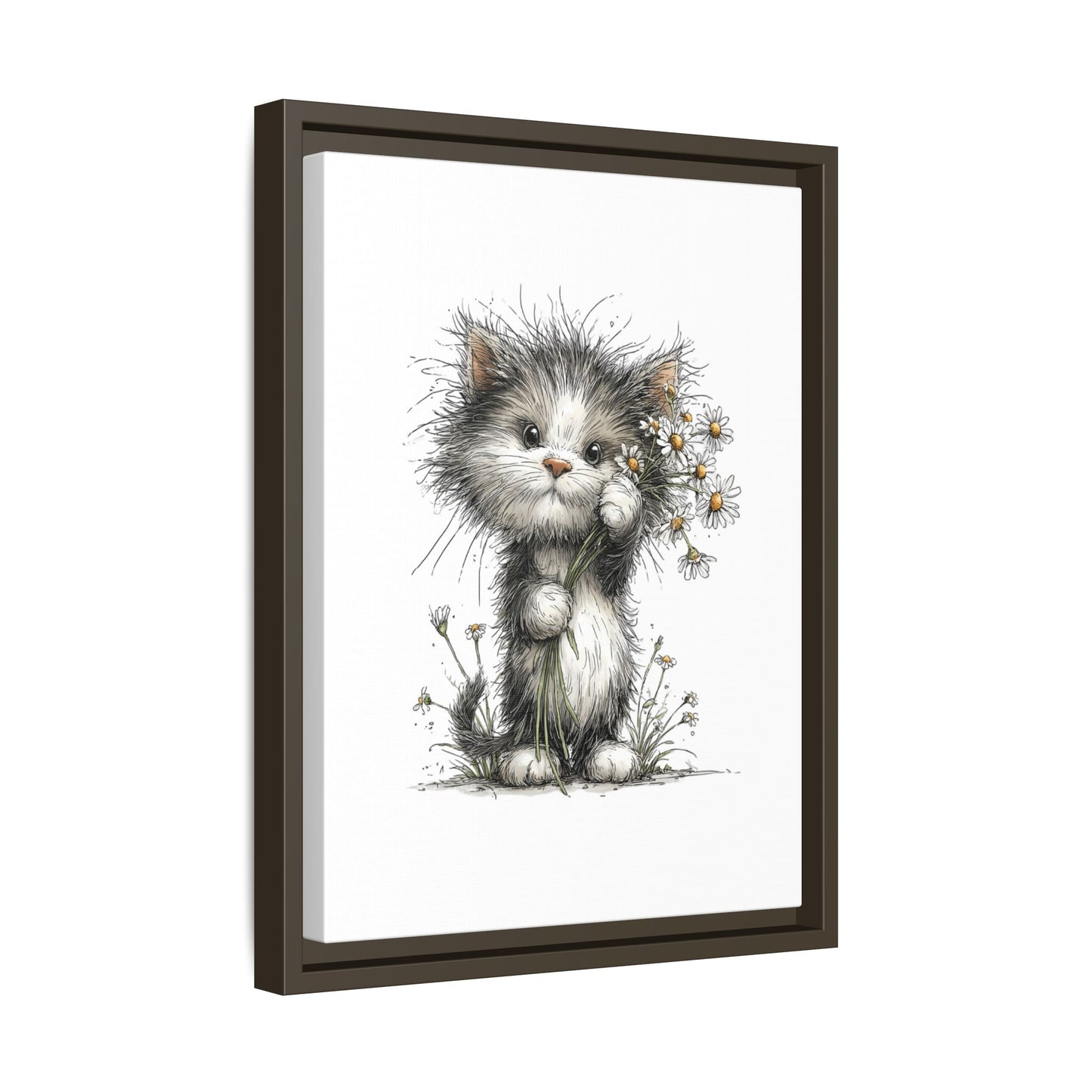 Playful Kitten with Dandelions Matte Canvas Framed Wall Art | Nursery Bedroom Decor