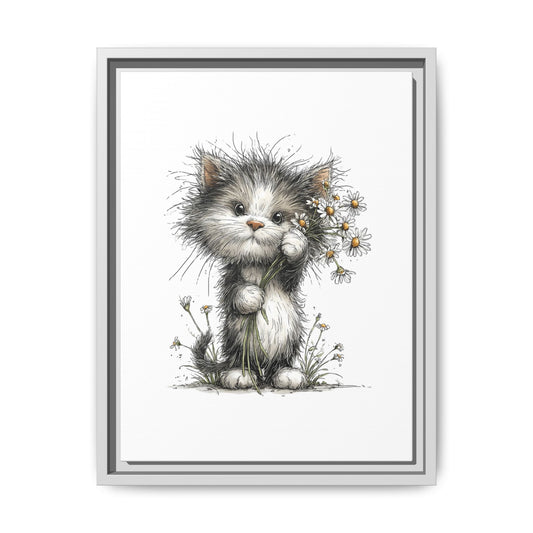 Playful Kitten with Dandelions Matte Canvas Framed Wall Art | Nursery Bedroom Decor