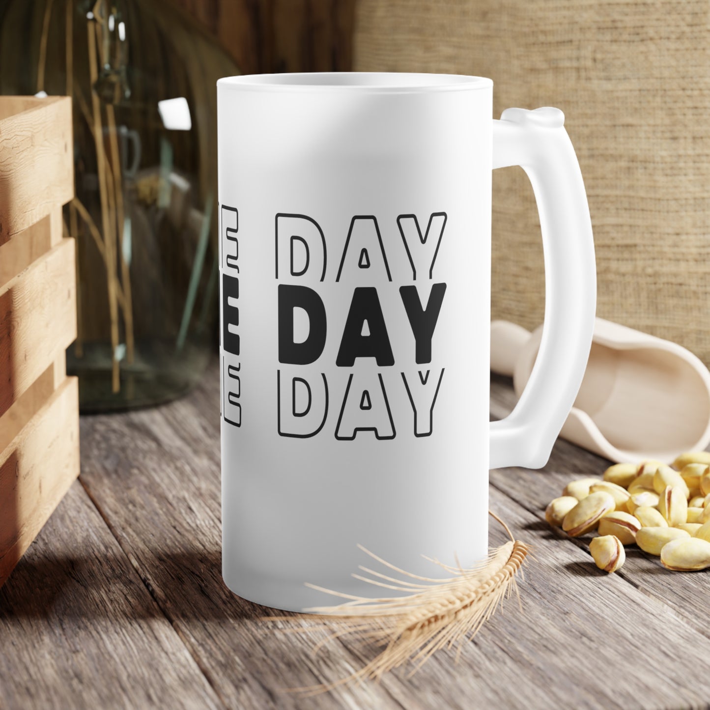 Game Day Frosted Glass Beer Mug — Bold Repeating “GAME DAY” Tailgate Pint