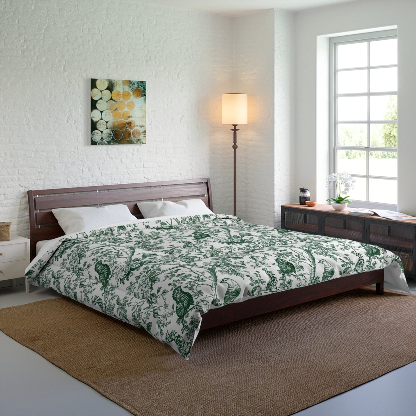 Botanical Bird Comforter - Green Toile Floral Pattern