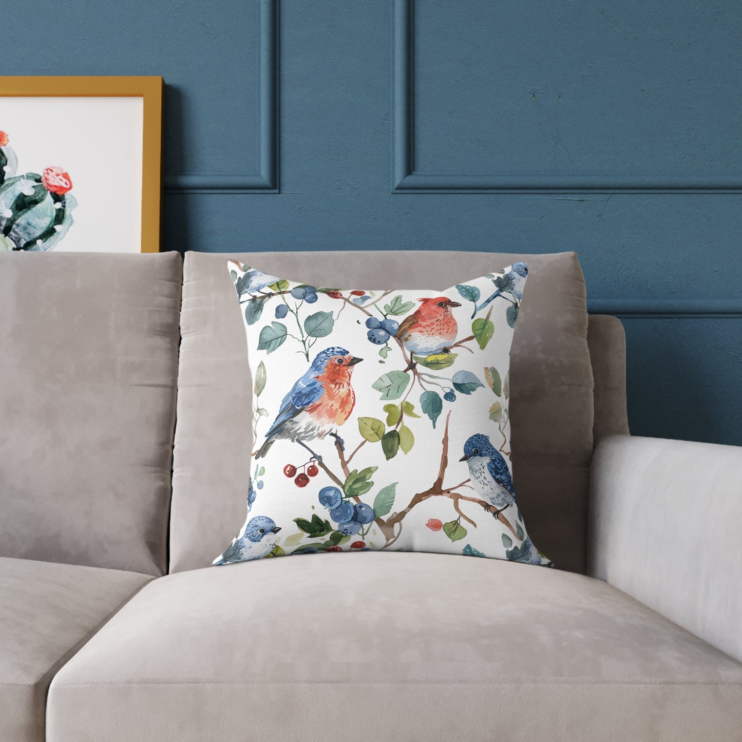 Bird Watercolor Pillow — Blue & Coral Songbirds on Branch Decorative Throw Pillow