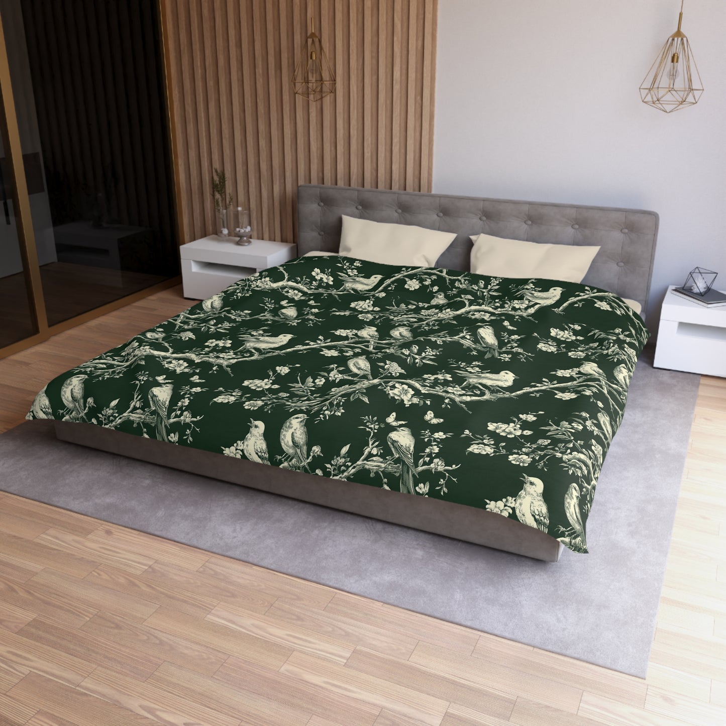 Botanical Bird Duvet Cover – Vintage Floral Toile Bedding in Forest Green