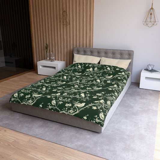 Botanical Bird Duvet Cover – Vintage Floral Toile Bedding in Forest Green