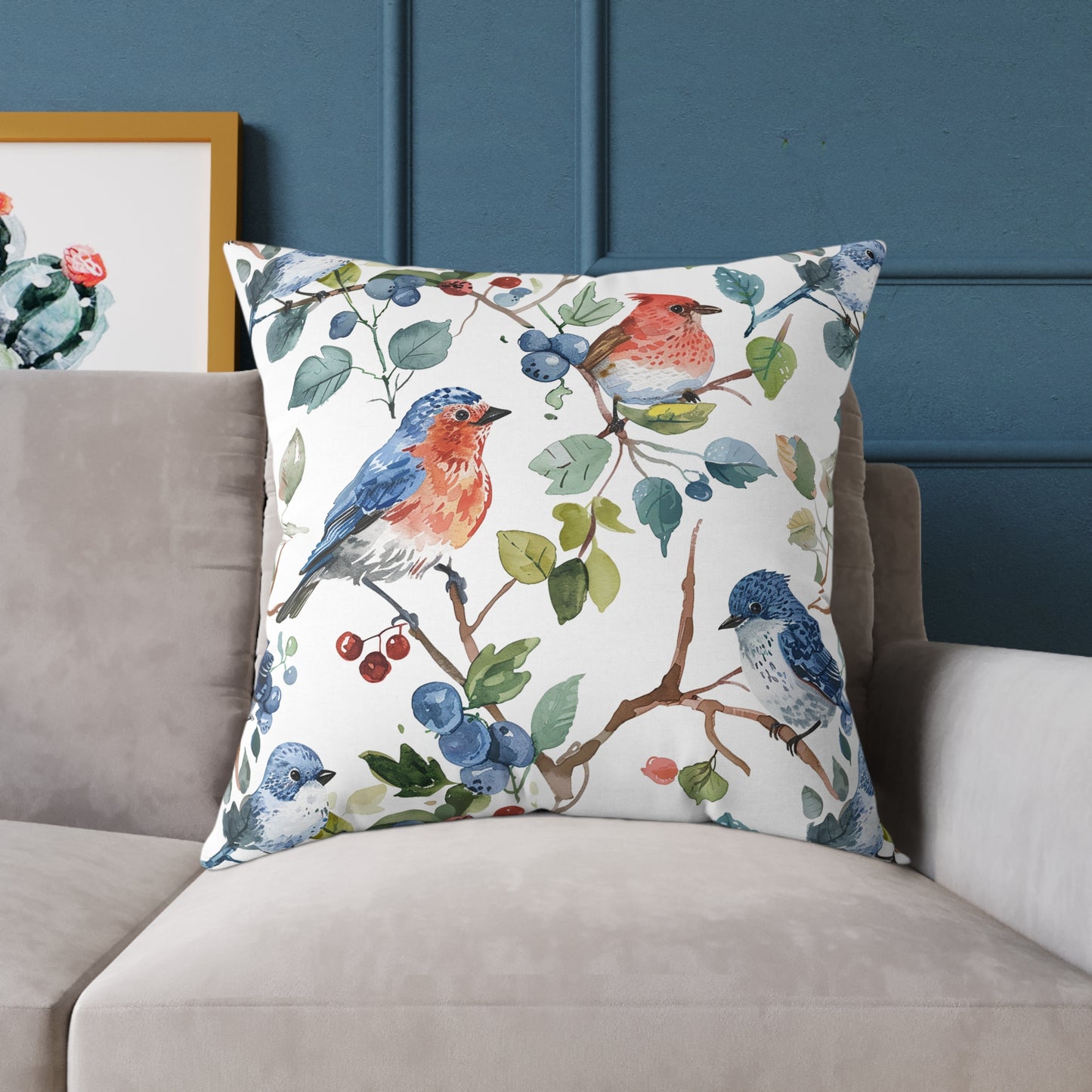 Bird Watercolor Pillow — Blue & Coral Songbirds on Branch Decorative Throw Pillow