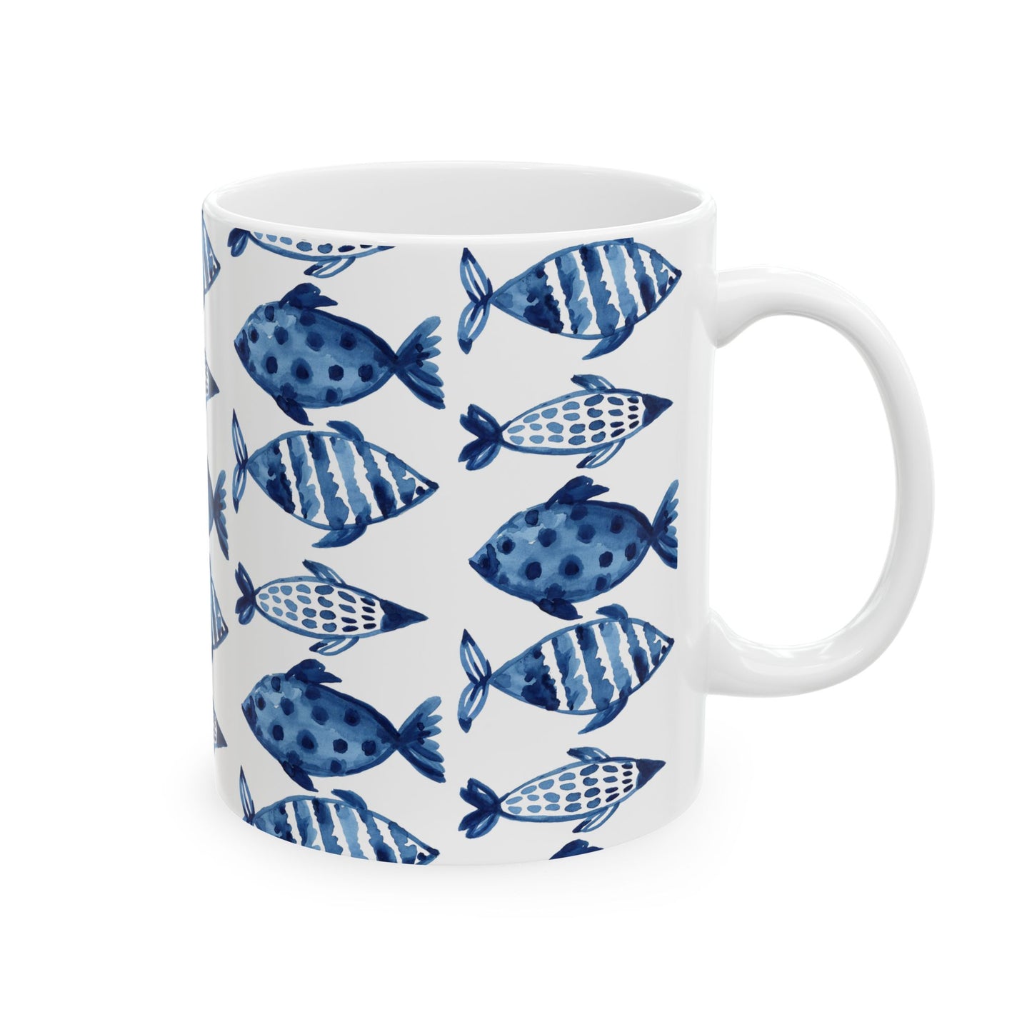 Blue Watercolor Fish Ceramic Mug — Nautical Ocean Pattern Coffee Cup (11oz, 15oz)