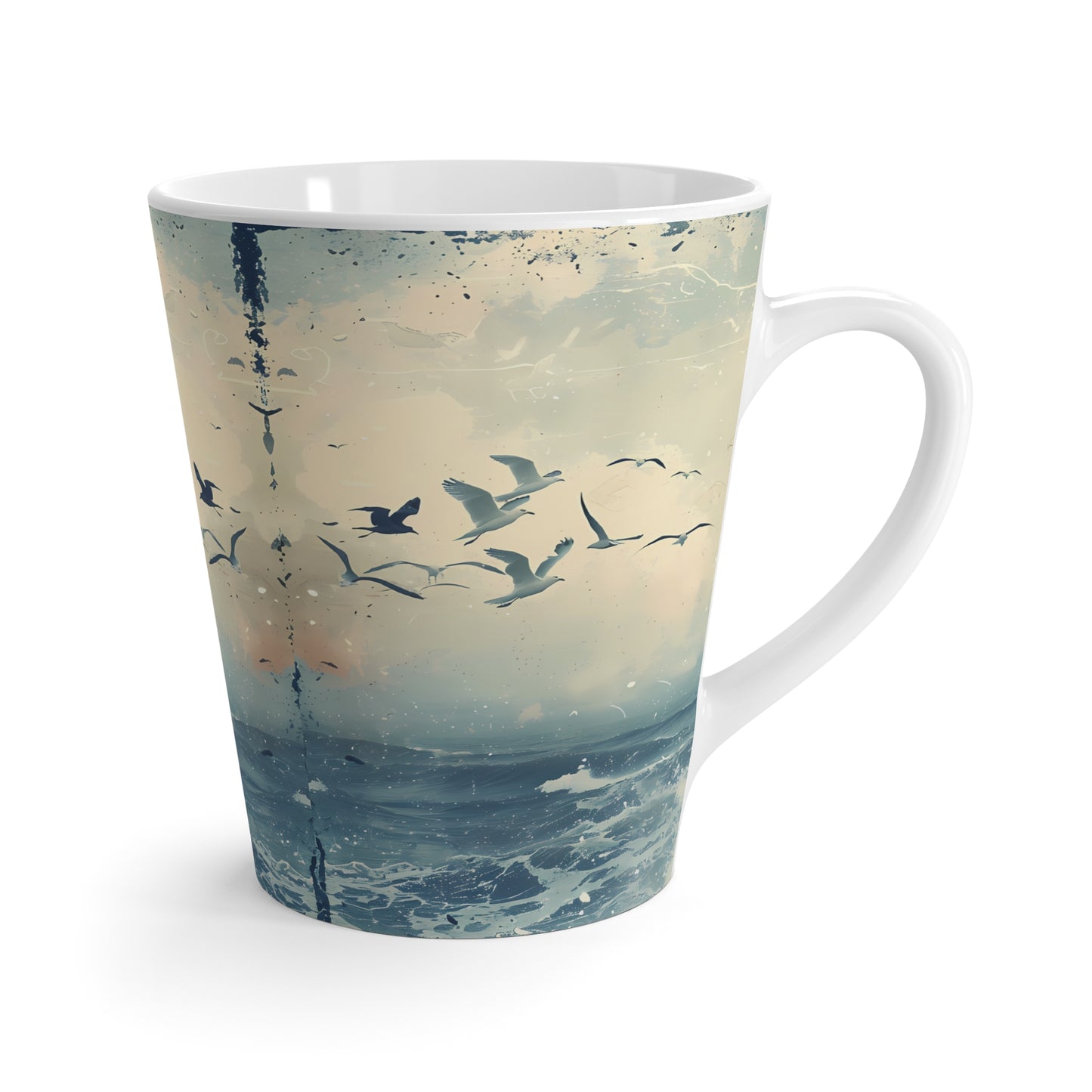 Seagulls Over Ocean Latte Mug | Coastal Beach Scene | Birds flying at beach