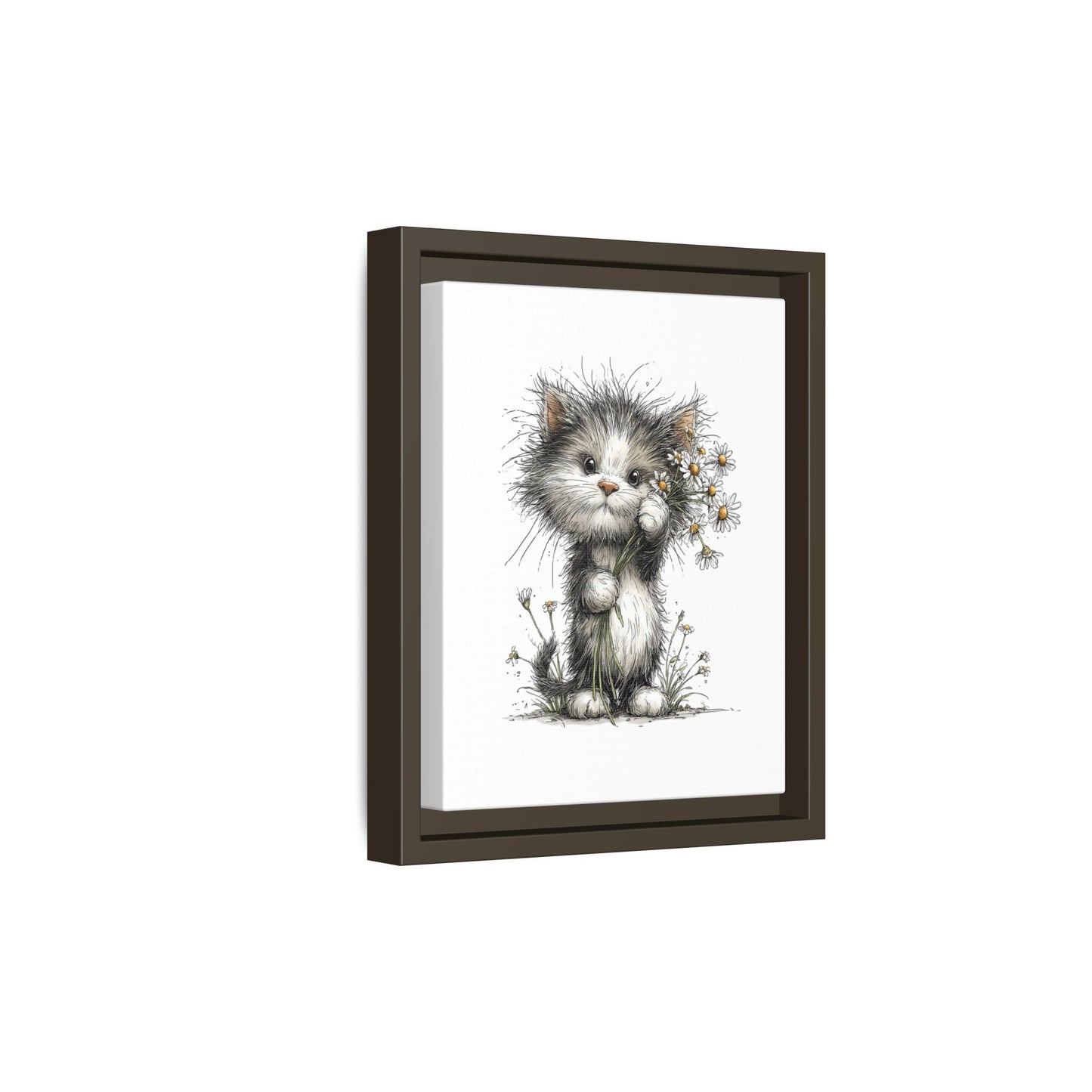 Playful Kitten with Dandelions Matte Canvas Framed Wall Art | Nursery Bedroom Decor