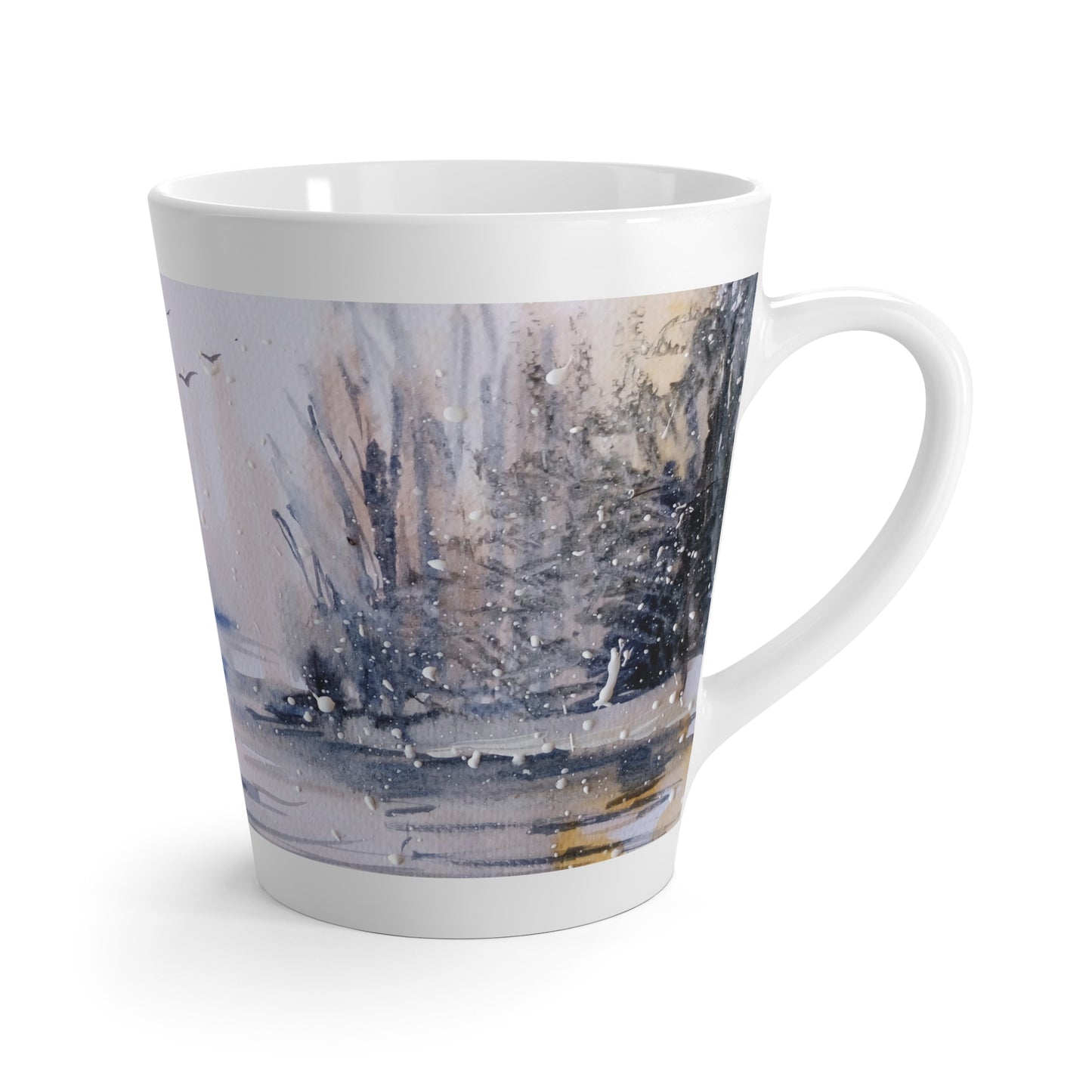 Winter Watercolor Latte Mug — Snowy Landscape Coffee Cup