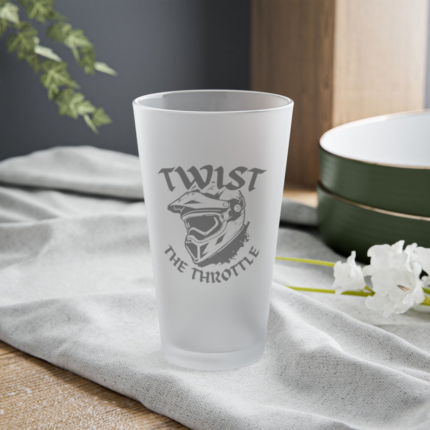 Twist The Throttle Frosted Pint Glass - 16oz Motorcycle Helmet Beer Glass