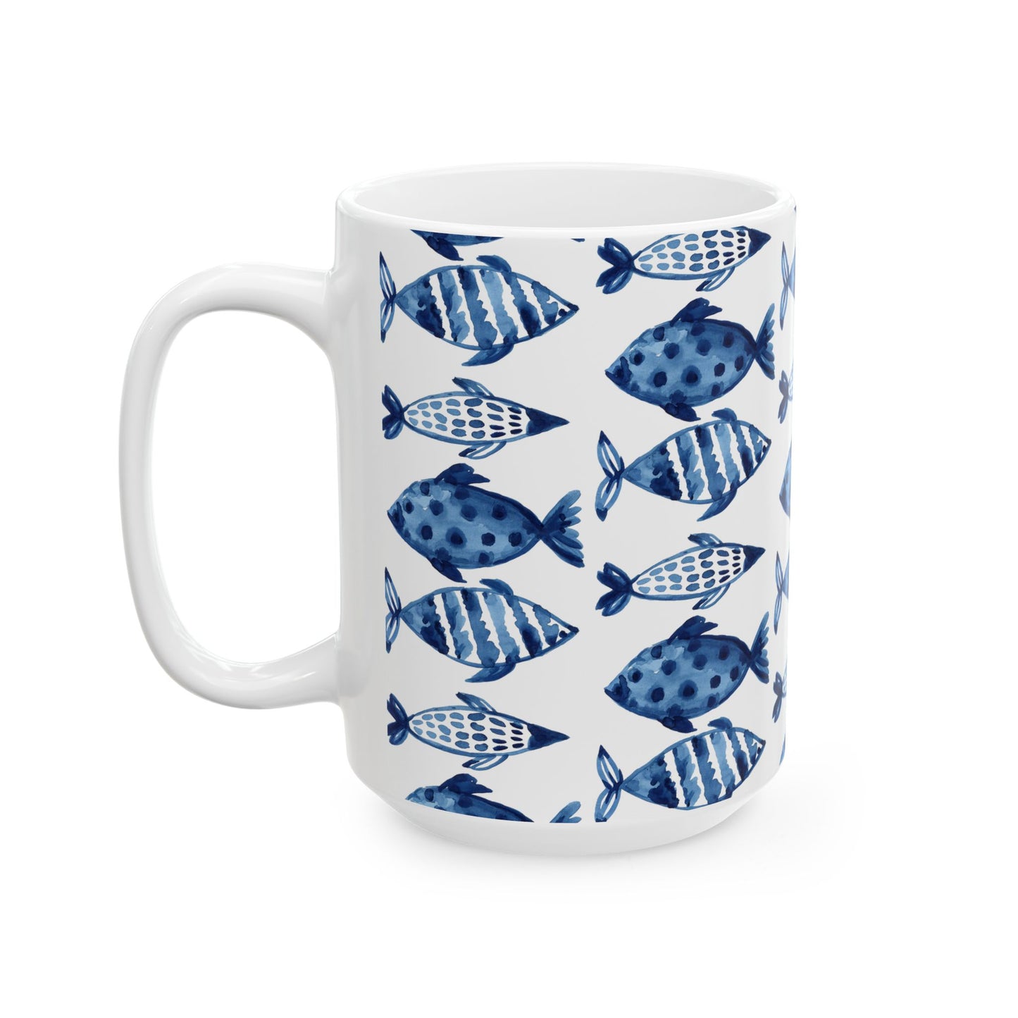 Blue Watercolor Fish Ceramic Mug — Nautical Ocean Pattern Coffee Cup (11oz, 15oz)