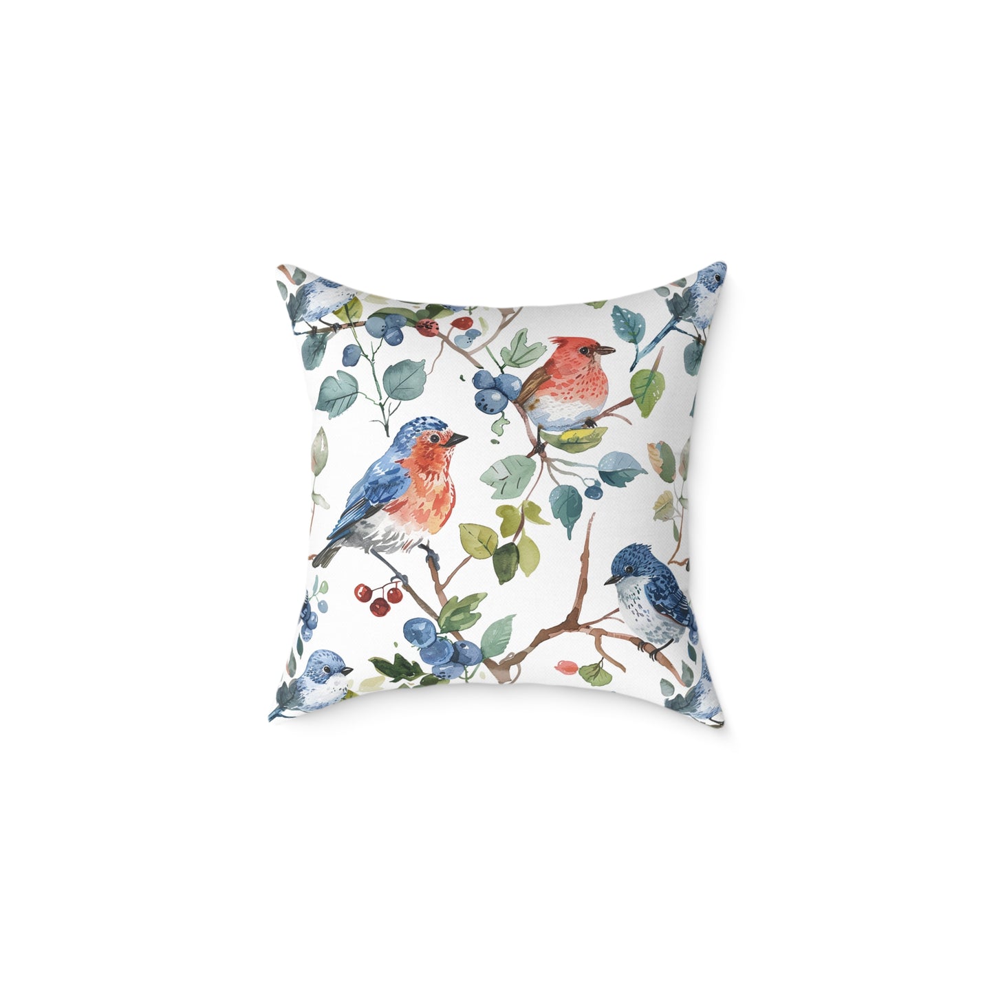 Bird Watercolor Pillow — Blue & Coral Songbirds on Branch Decorative Throw Pillow