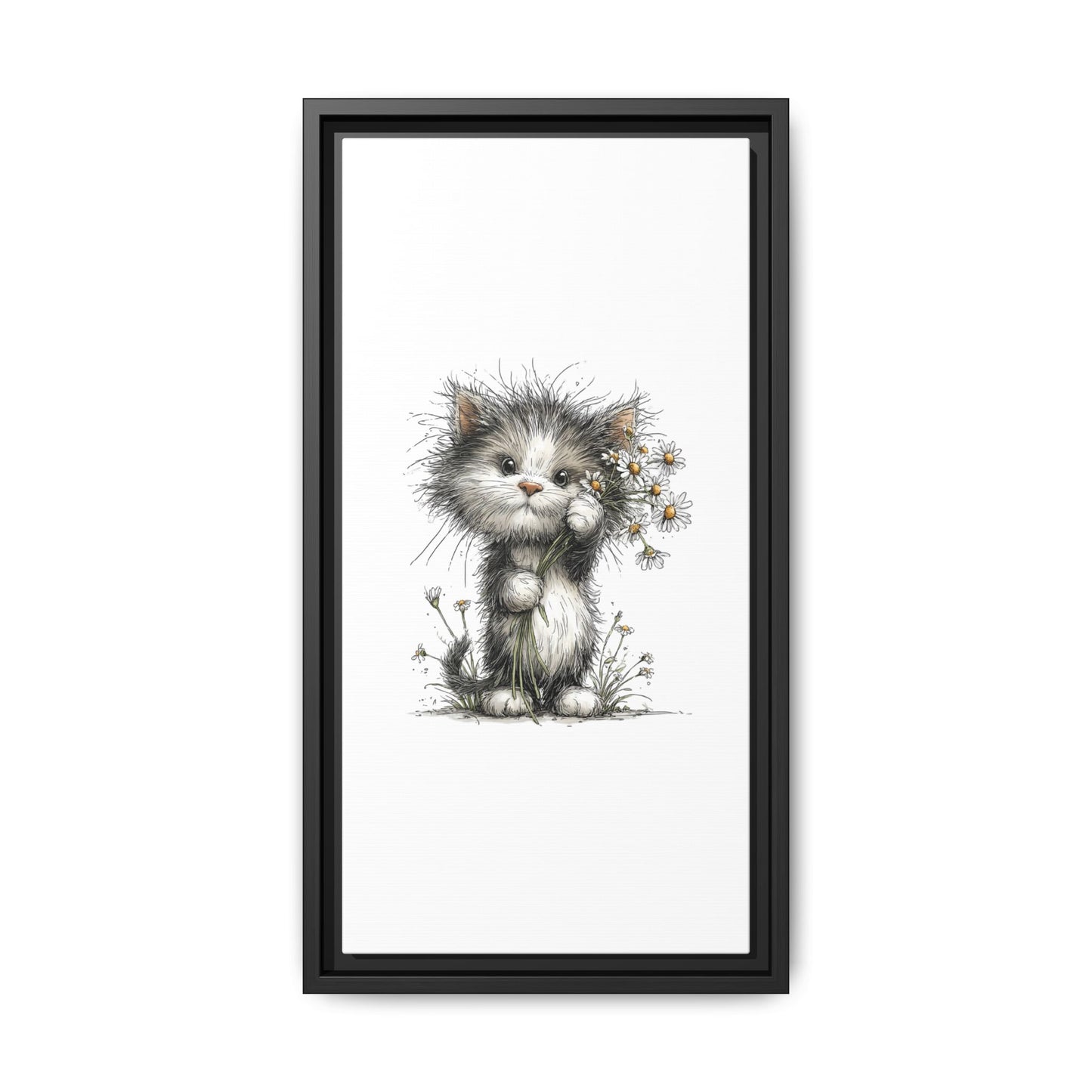 Playful Kitten with Dandelions Matte Canvas Framed Wall Art | Nursery Bedroom Decor