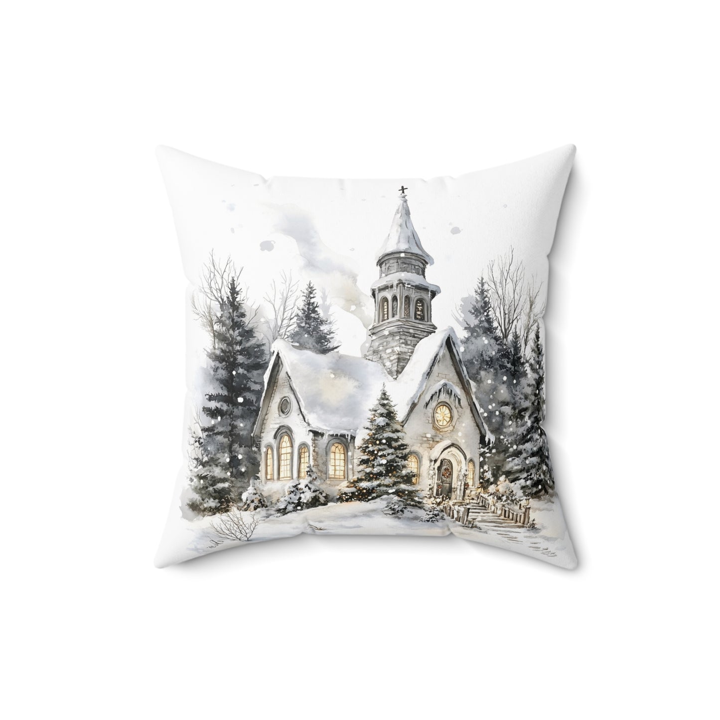 Winter Church Scene Spun Polyester Square Pillow — Cozy Holiday Throw Pillow