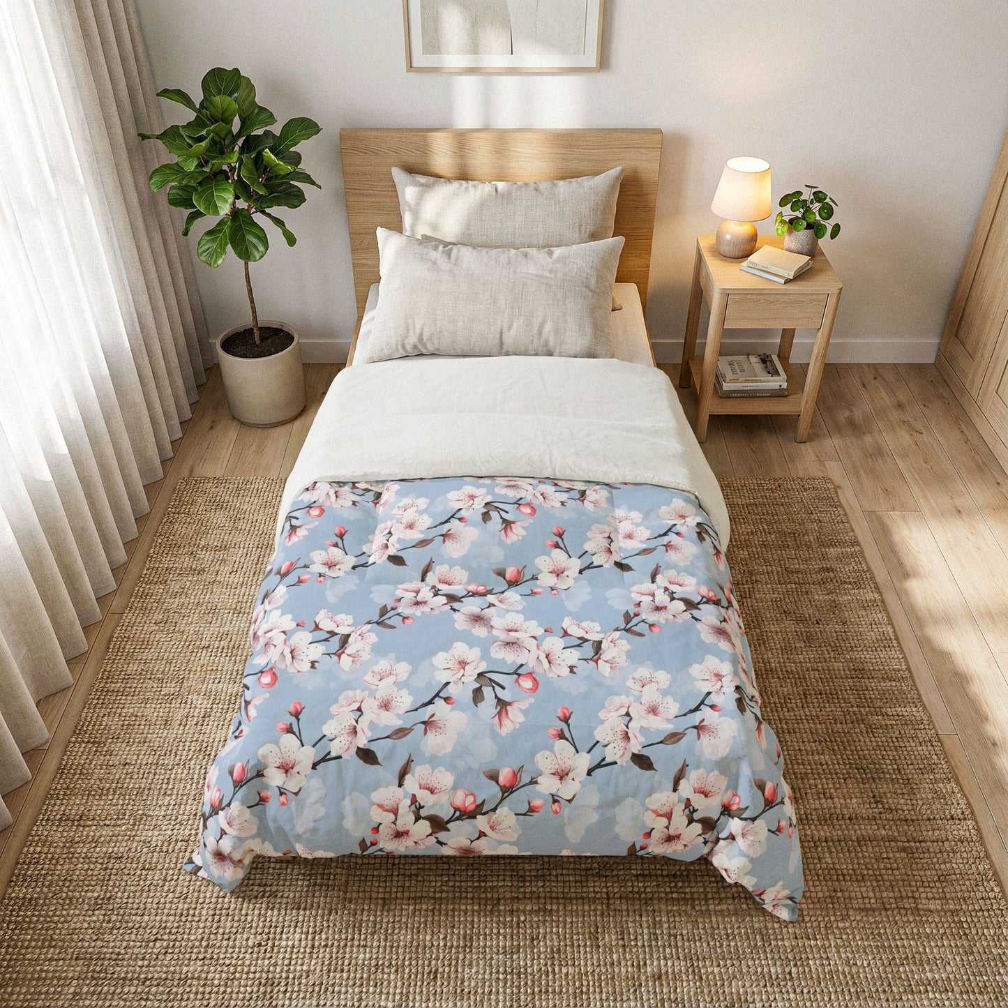 Cherry Blossom Cotton Comforter — Floral Blue Bedspread