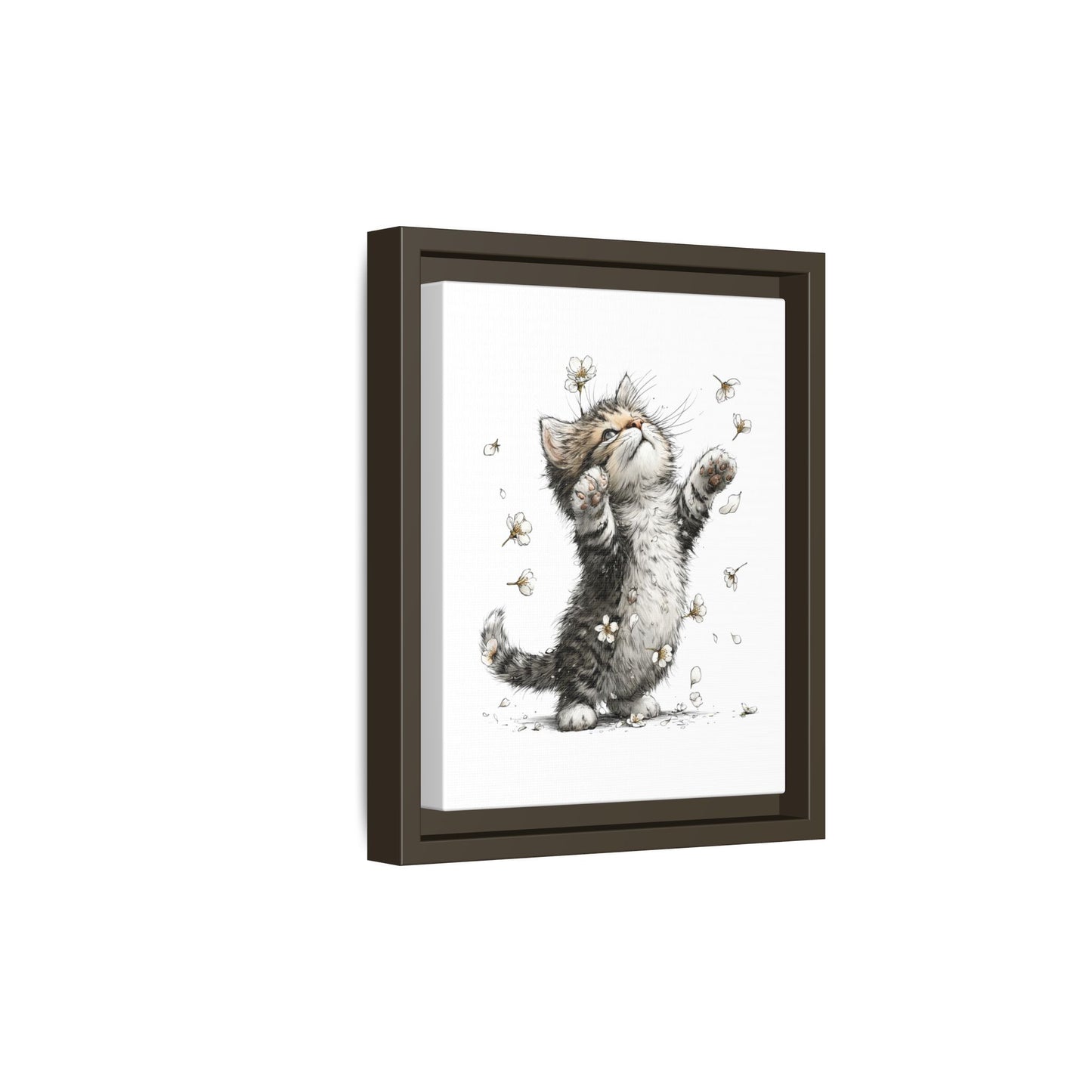 Playful Kitten with Dandelions Matte Canvas Framed Wall Art | Nursery Bedroom Decor